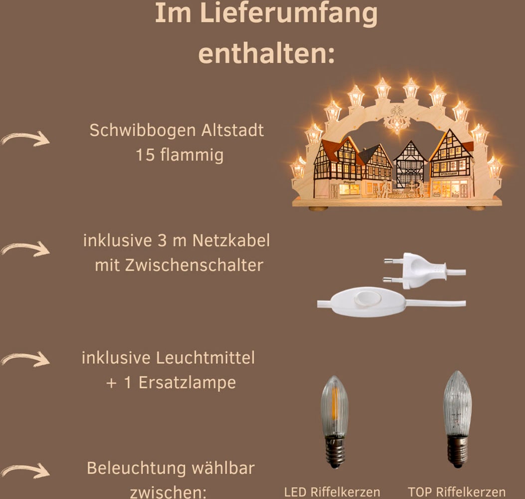 Weigla Schwibbogen »Altstadt, Fachwerkhaus, Lichterbogen aus Holz«, Erzgebirge garantiert, Weihnachtsdeko Innen, Weihnachtsbeleuchtung