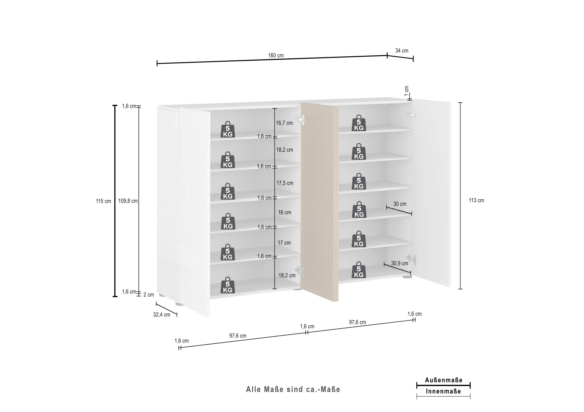 INOSIGN Schuhschrank »LADY, Schuhkommode,Schuhmöbel,Schuhablage,Schuhregal«, mit 10 Einlegeböden, 12 Fächer, Tür mit Rillenoptik, ca.36 paar Schuhe