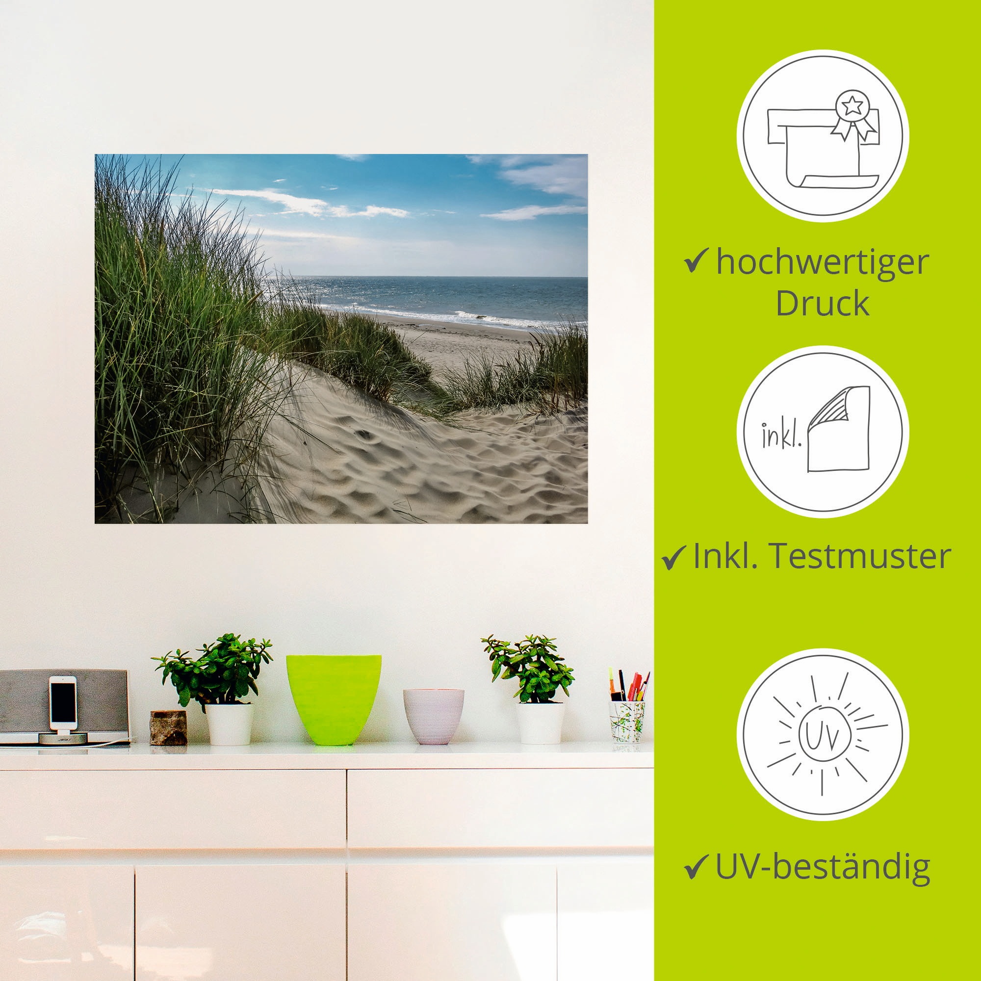 Artland Wandbild »Dünenlandschaft im Sommer an der Nordsee«, Strand, (1 St.), als Alubild, Outdoorbild, Leinwandbild, Poster, Wandaufkleber