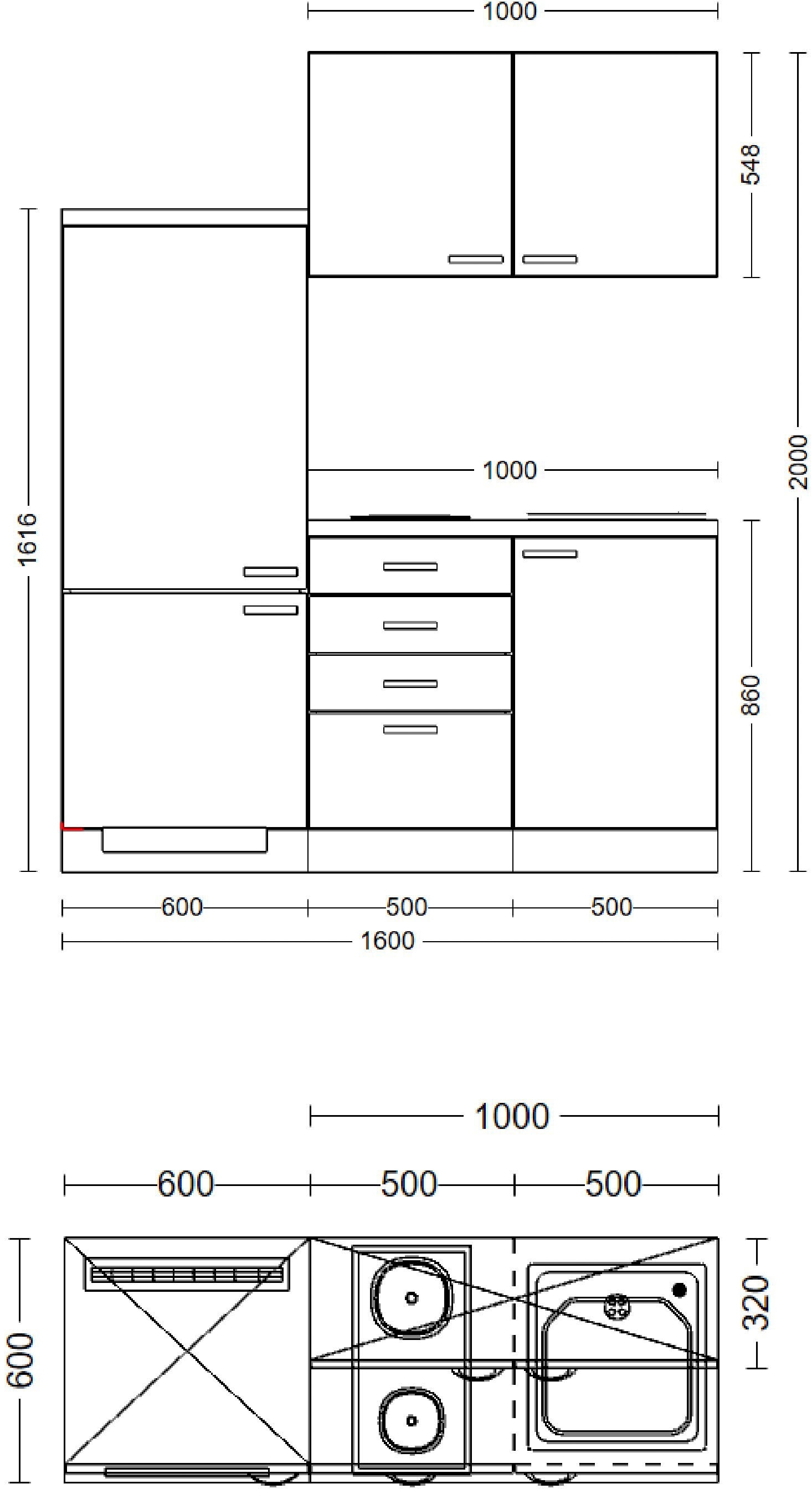 Flex-Well Küche »Florenz«, Gesamtbreite 160 cm, mit Einbau-Kühlschrank, Kochfeld und Spüle etc.