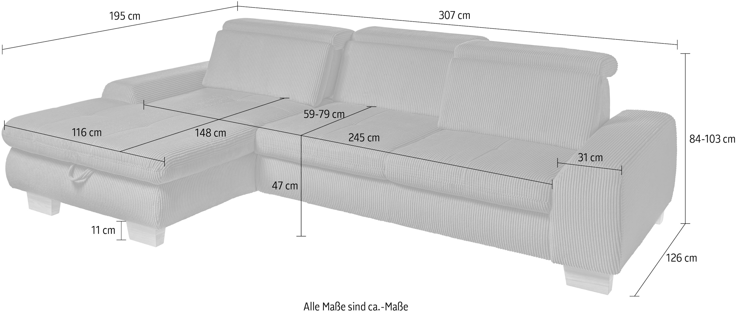set one by Musterring Ecksofa »SO 3400«, mit Canape und verschiedenen Funktionen, Kaltschaum, B307 x T195 cm