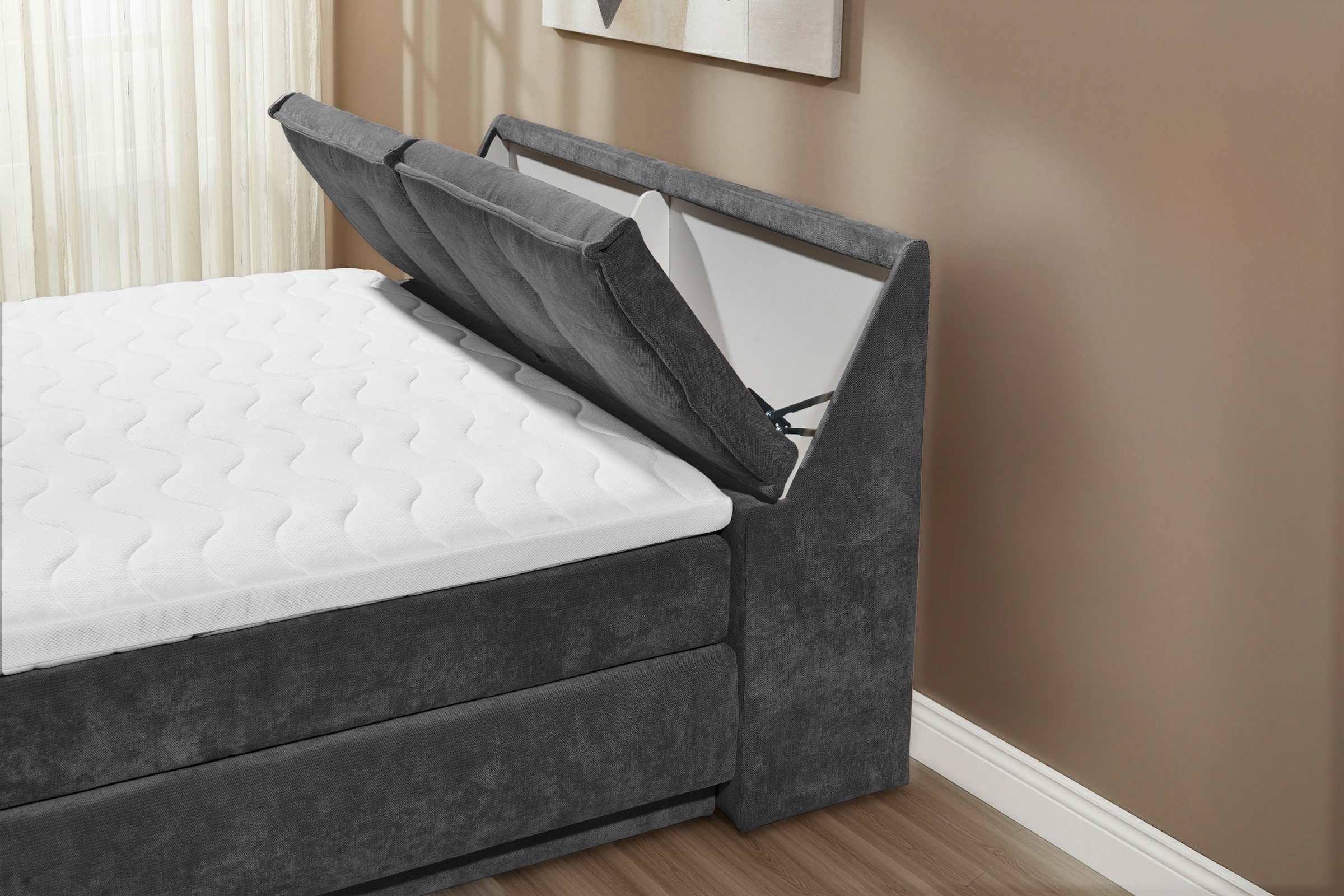 ED EXCITING DESIGN Boxspringbett »Tofino 180x200 mit Duo Matratze« 6 cm Gelkomfort-Topper, H3/H4, Bettkasten & Kopfteil-Stauraum