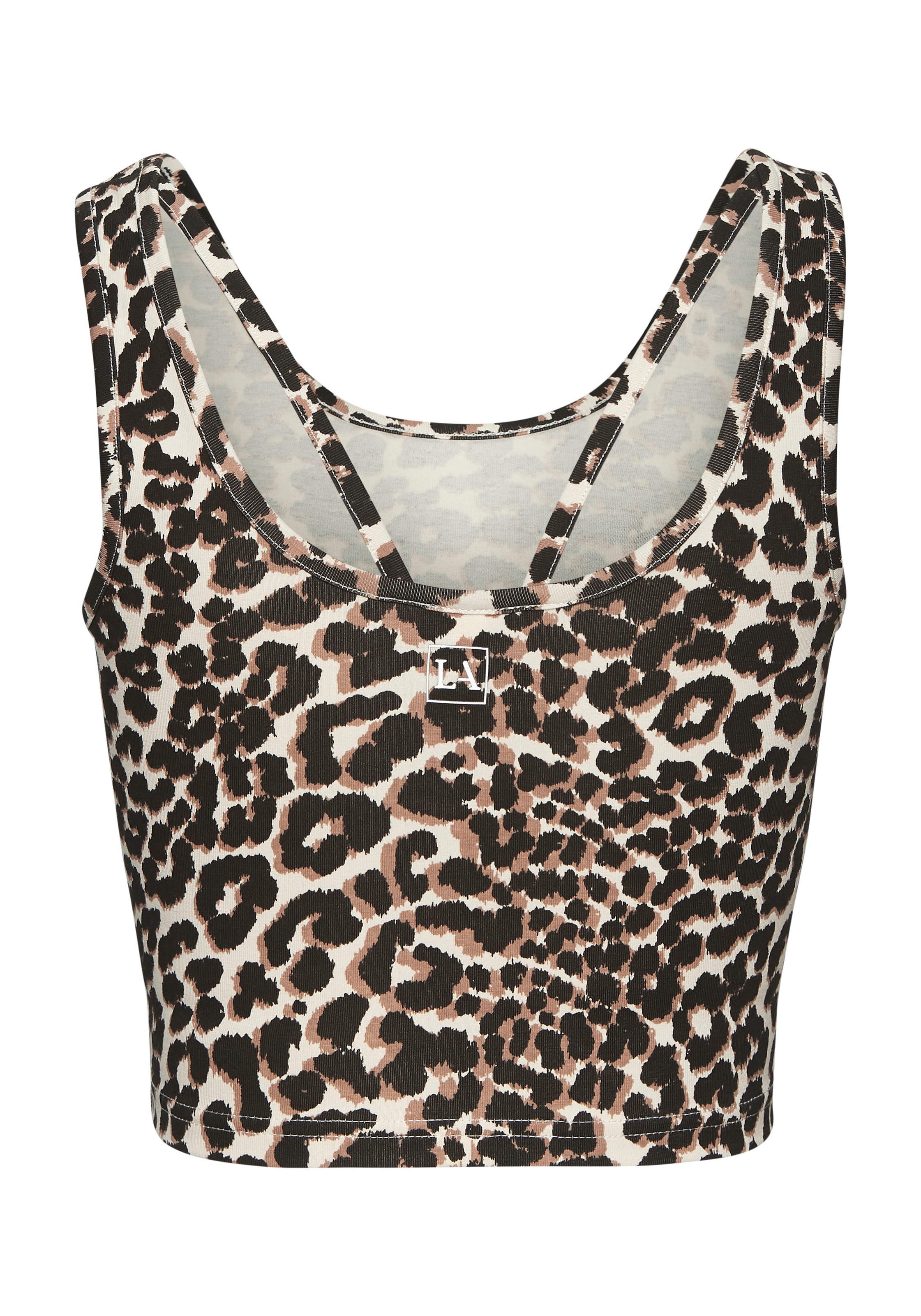 Crop-Top LASCANA ACTIVE, Damen, Gr. S (36/38), beige, Obermaterial: 95% Baumwolle, 5% Elasthan, bedruckt, figurbetont kurz, tiefer Rundhals, Tops, mit Cut-Out Trägern im Rücken 3