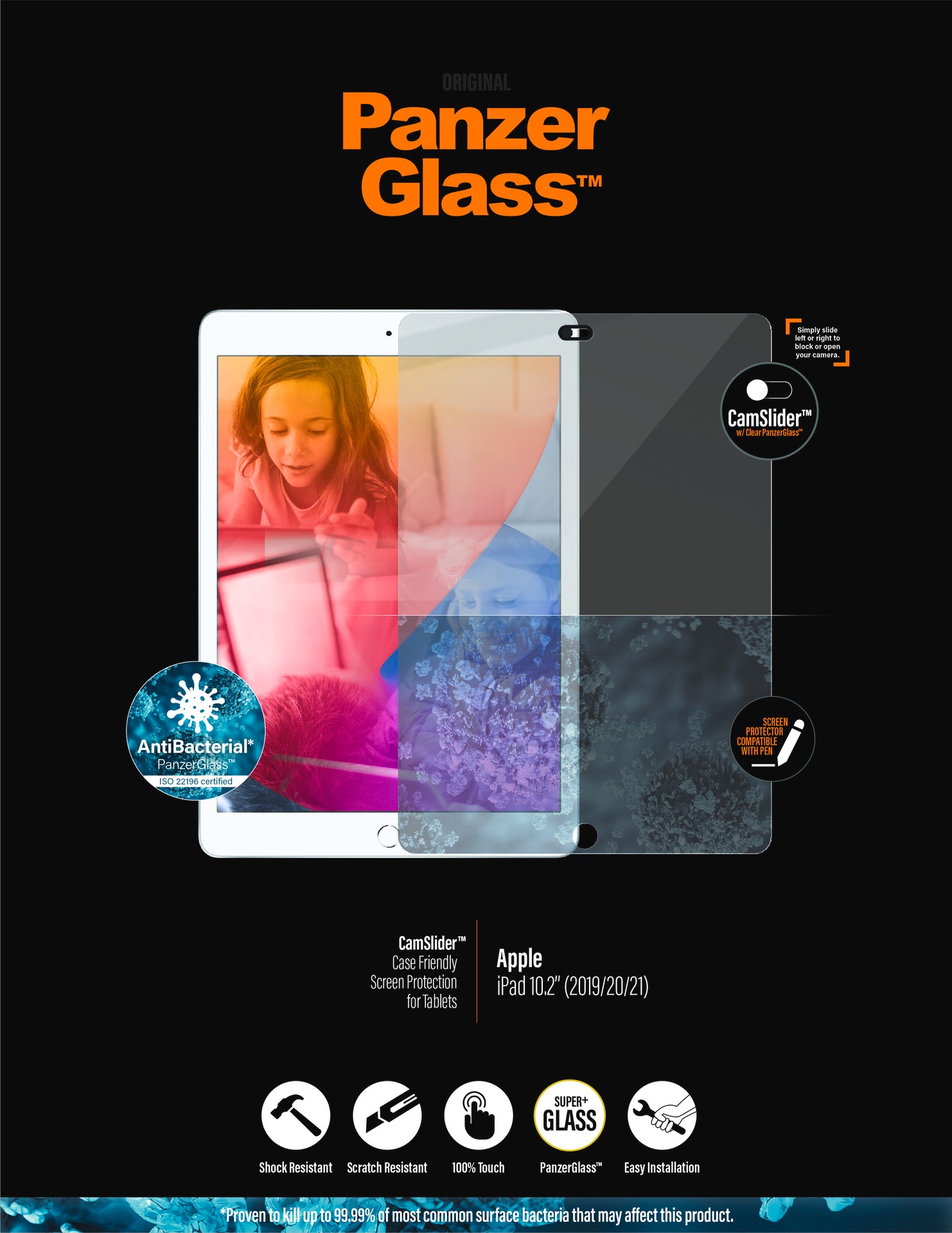 PanzerGlass Displayschutzglas »CamSlider Case Friendly Screen Protection«, für Apple iPad 10.2″, Displayschutzfolie, Schutzfolie, Bildschirmschutz, kratz- & stoßfest