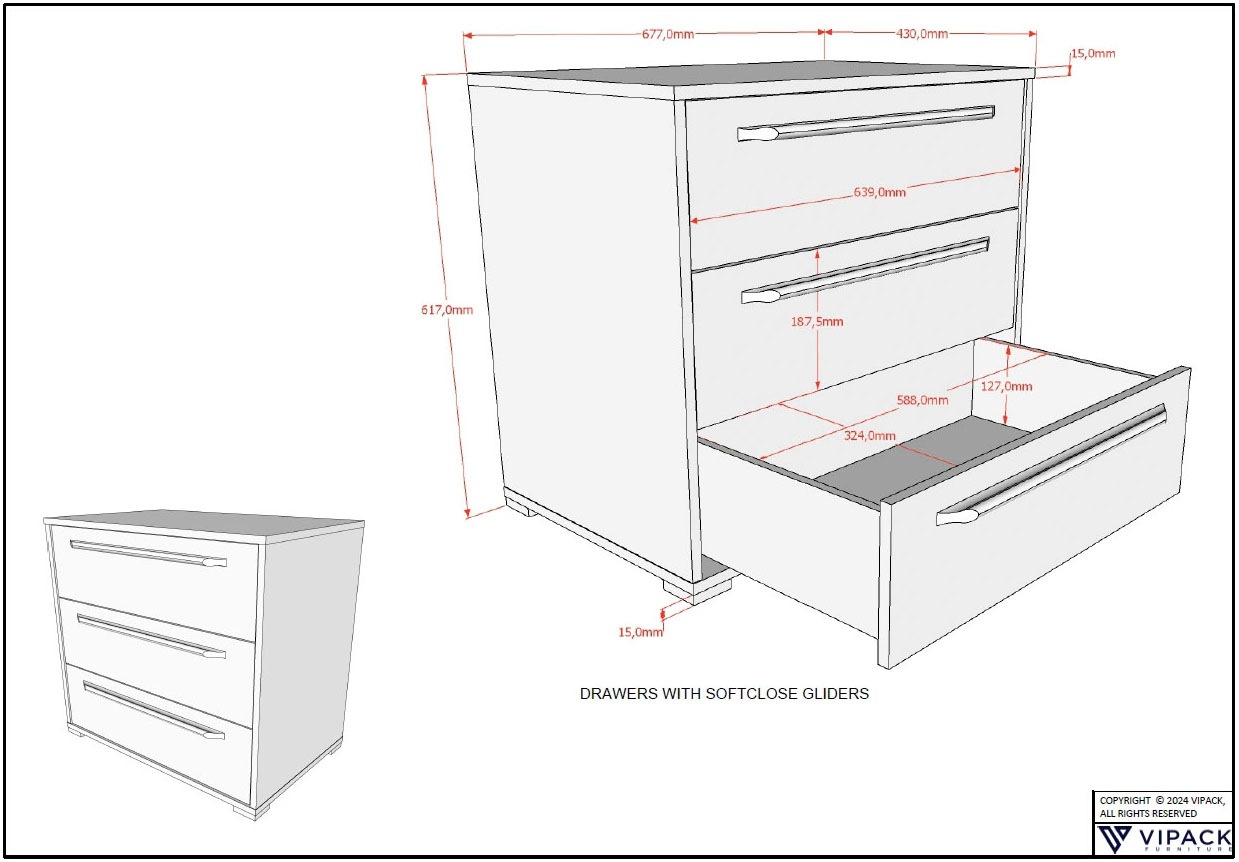 Vipack Schubkastenkommode »SAM mit 3 geräumigen Schubladen und viel Stauraum« (B/H/T ca. 67,7x61,7x43 cm) Schubladen mit Soft-Close,  Pflegeleichte Oberfläche in Eiche oder Weiß Dekor