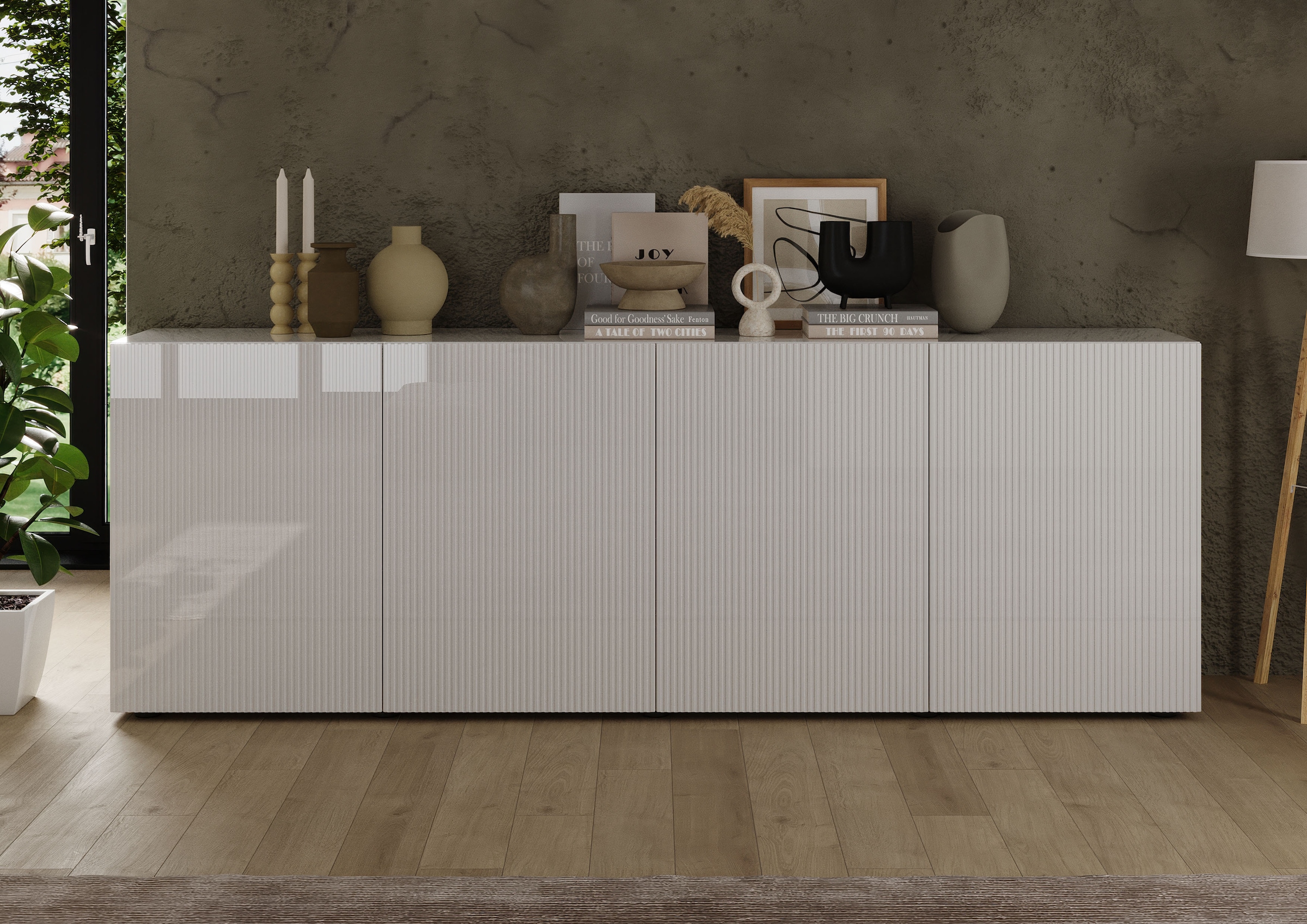 INOSIGN Sideboard »Rio Breite 240 cm, Kommode mit 4 Türen, Anrichte,«, geriffelte Front, modern u. elegant, viel Stauraum