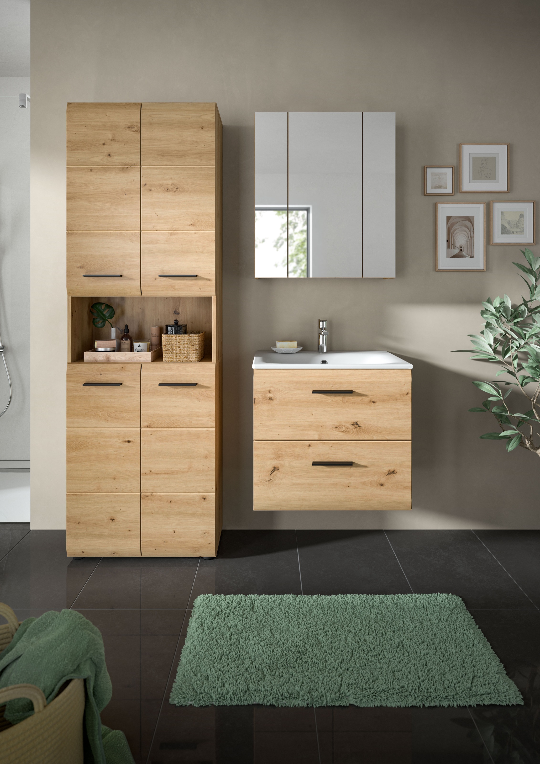 INOSIGN Badezimmer-Set, (Set, 4 St.), Florenz, Badkombination 4-tlg.,Artisan Oak NB, inkl. Waschbecken