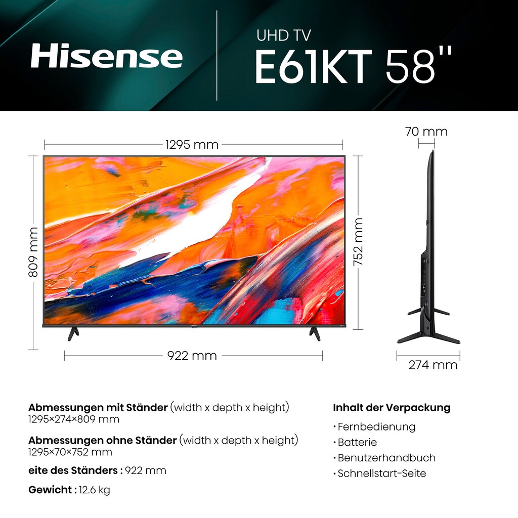 Hisense LED-Fernseher »58E61KT«, 146 cm/58 Zoll, 4K Ultra HD, Smart-TV, Smart-TV, Dolby Vision, Triple Tuner DVB-C/S/S2/T/T2