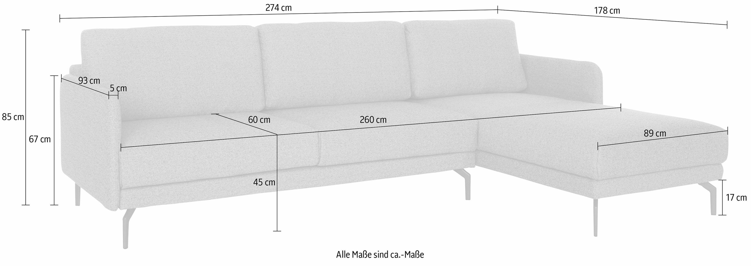 hülsta sofa Ecksofa »hs.450«, Armlehne sehr schmal, Breite 274 cm, Alugussfuß Umbragrau