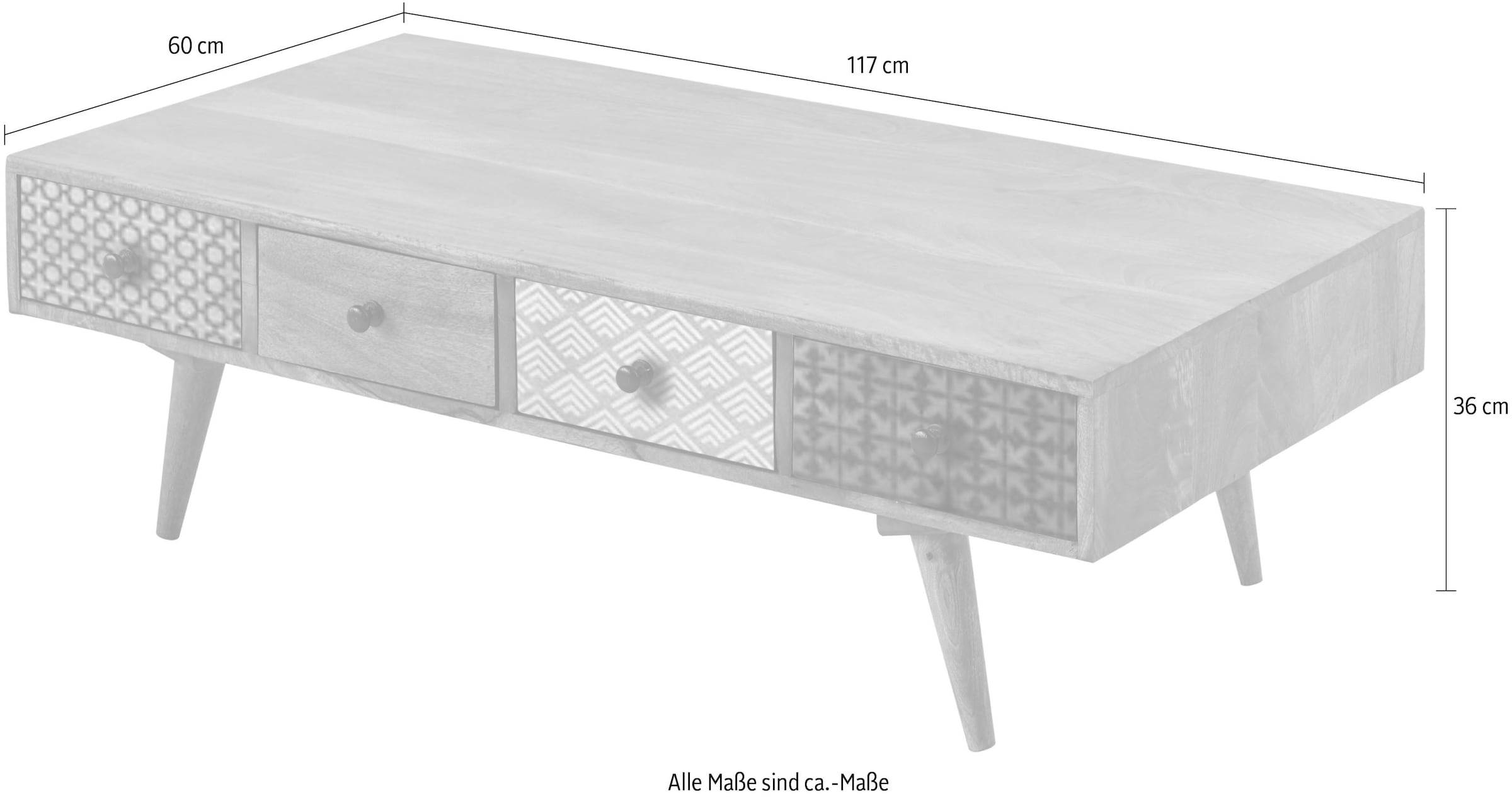 Stolkom Couchtisch »Shari Wohnzimmertisch mit Schubladen, Massivholz BxHxT 117x36x60 cm«, Mango Massivholz, 8 Schubkästen mit verschieden gemusterten Fronten