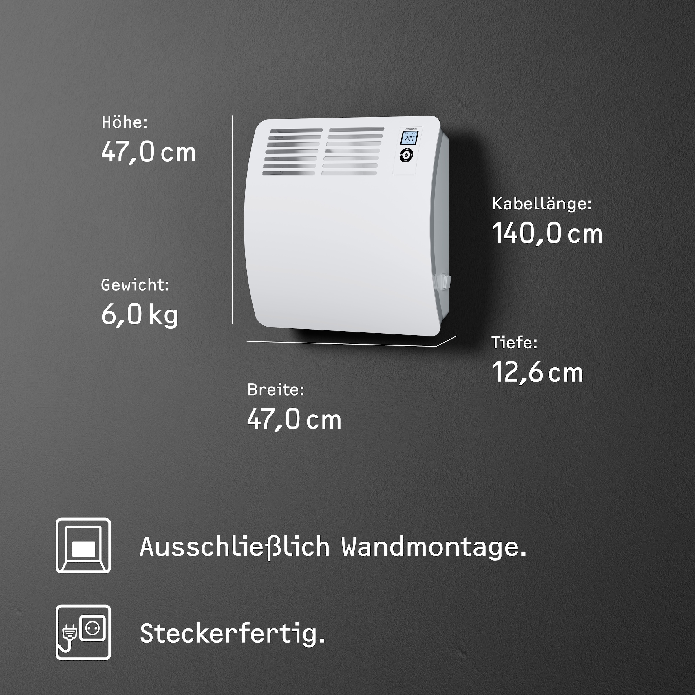 STIEBEL ELTRON Konvektor »»CON 10 Premium«, Wandkonvektor, energiesparend, VDE geprüft, 1 kW«, für ca. 12 m², LC-Display, Wochen-/120 Min-Kurzzeittimer, Silent Mode