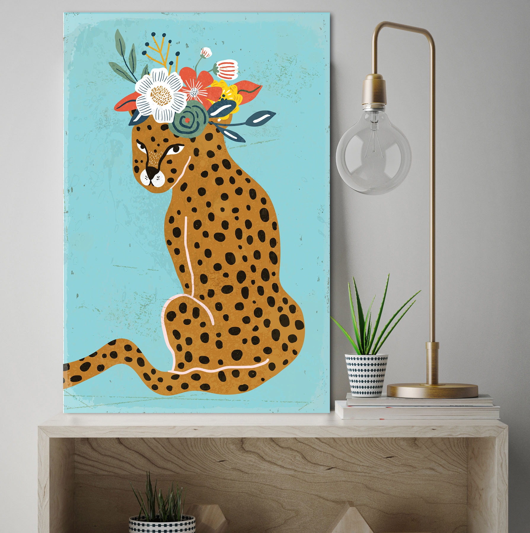 queence Metallbild »Leopard«, Tiere-Leopard-Blumen, (1 St.), Stahlschild, Blechschild, Leopard mit Blumenkranz