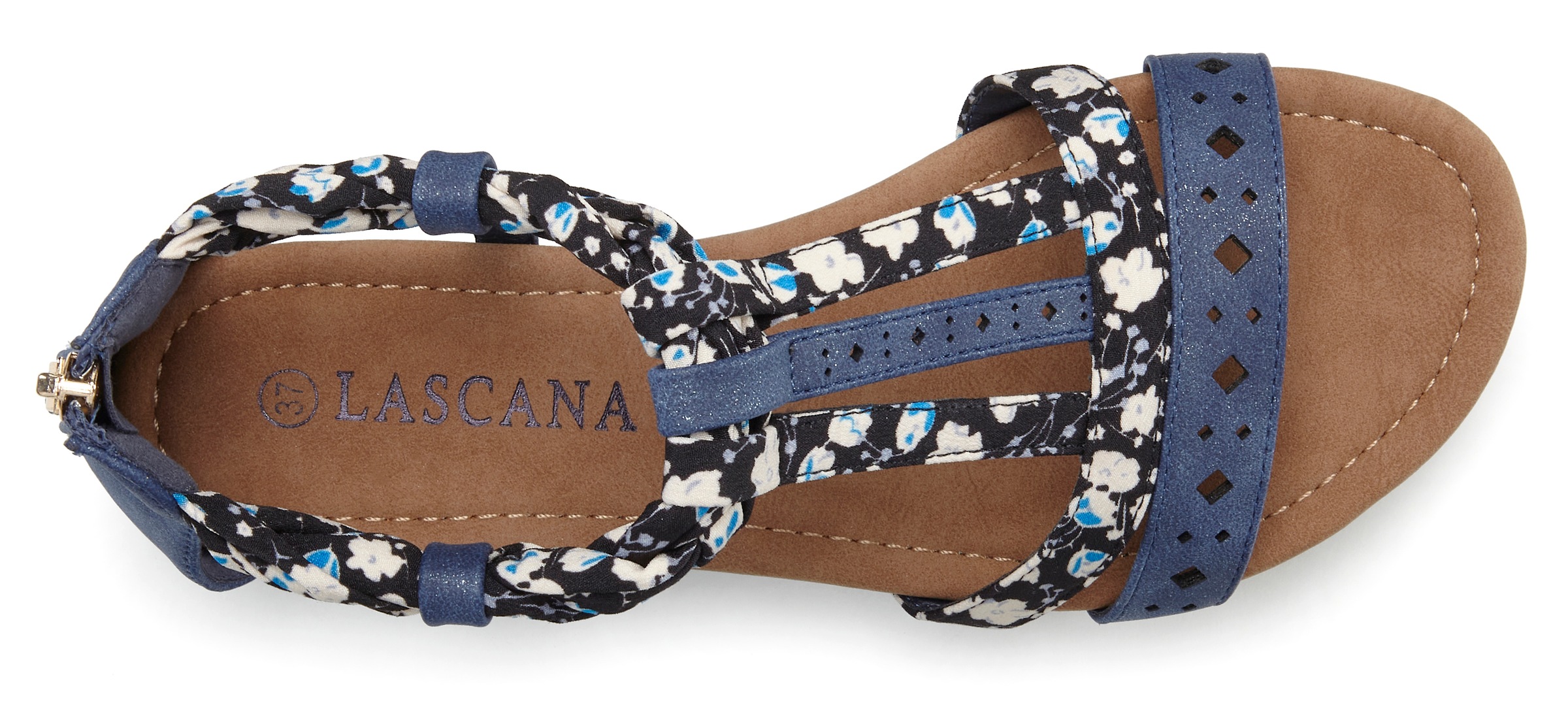 Sandale LASCANA "Sommerschuh", Damen, Gr. 36, blau, Obermaterial: 50% Lederimitat, 50% Textilmaterial. Decksohle: 100% Lederimitat. Futter: 100% Lederimitat. Laufsohle: 100% Synthetik, bedruckt, mehrfarbig, Schuhe Sandale, Sandalette, Sommerschuh mit Riem 3