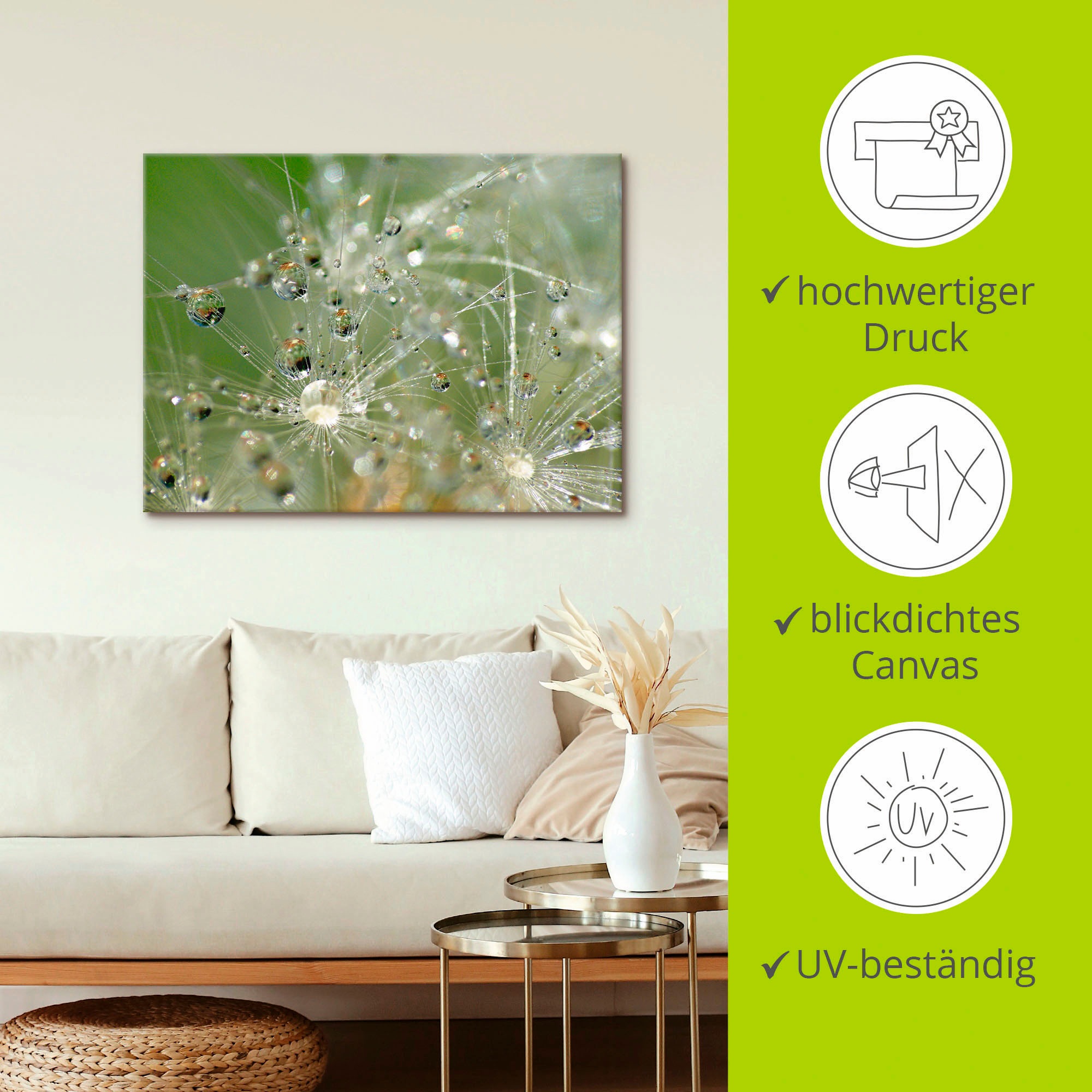 Artland Wandbild »Wassertropfen Pusteblume«, Blumen, (1 St.), als Leinwandbild, Wandaufkleber in verschied. Größen