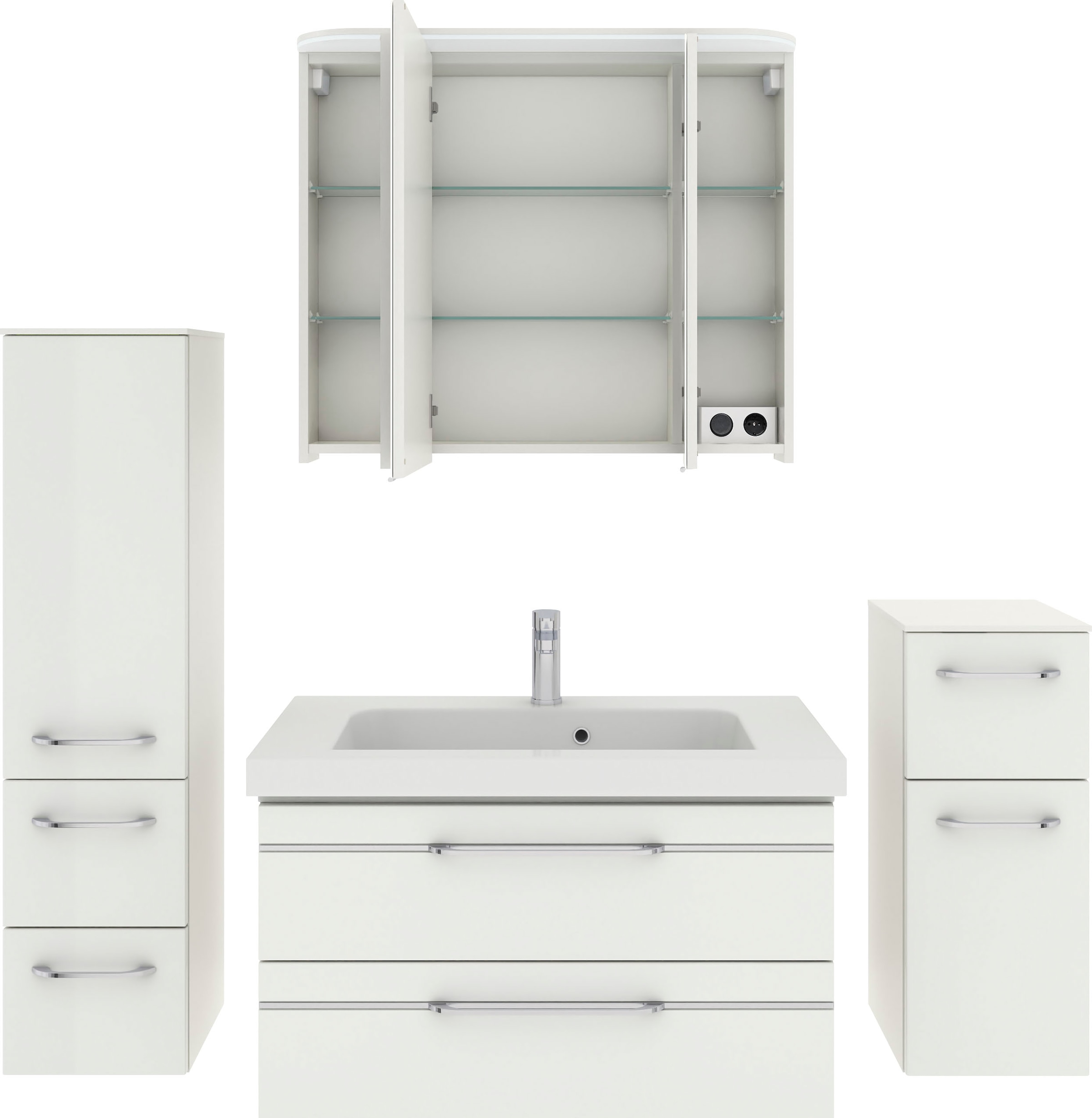 Saphir Badmöbel-Set »Balto Sprint 4-teilig, Mineralmarmor-Waschtisch mit LED-Spiegelschrank«, (5 St.), Midischrank und Unterschrank, inkl Türdämpfer, 5 Türen, 5 Schubladen