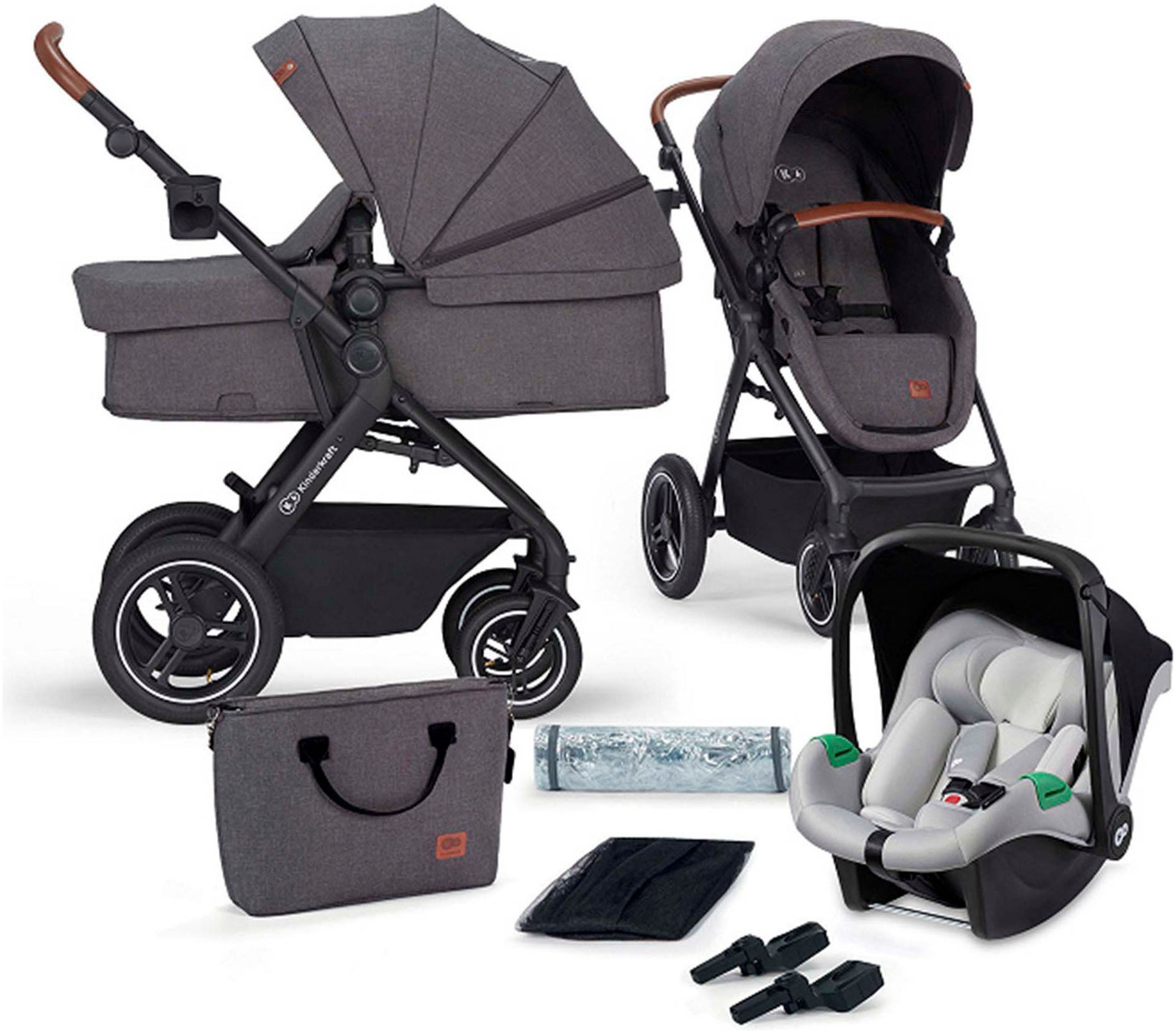 KINDERKRAFT Kinder Kombi-Kinderwagen "B-TOUR PRO 3in1"grau, Polyester, Stahl, Viskose, Kinderwagen, inkl. Babyschale, Adaptern, Wickeltasche