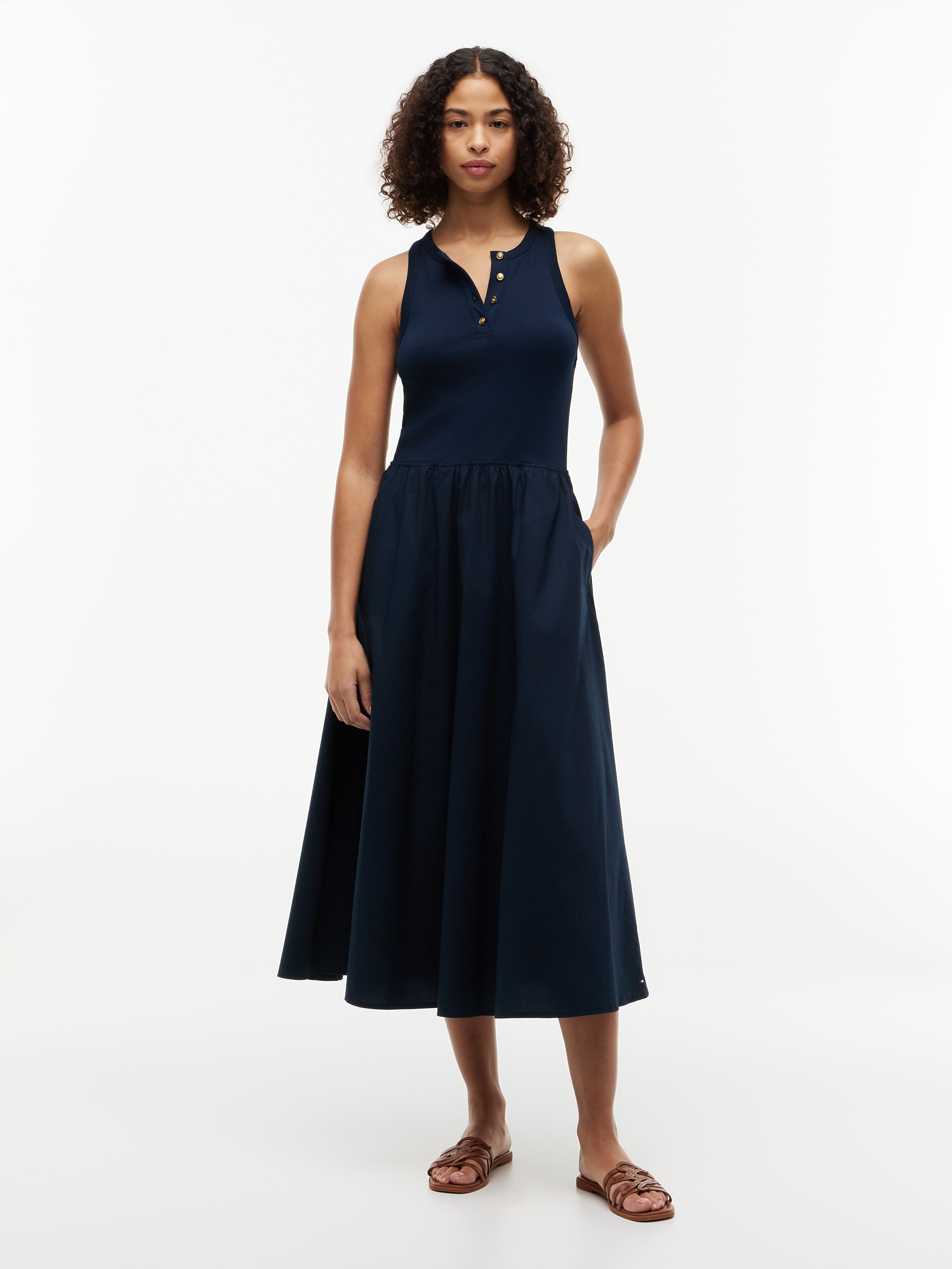 Tommy Hilfiger A-Linien-Kleid "GOLD BUTTON POPLIN MIX DRESS" Ohne Tasche Baumwollmischung, mit goldfarbenen Knöpfen