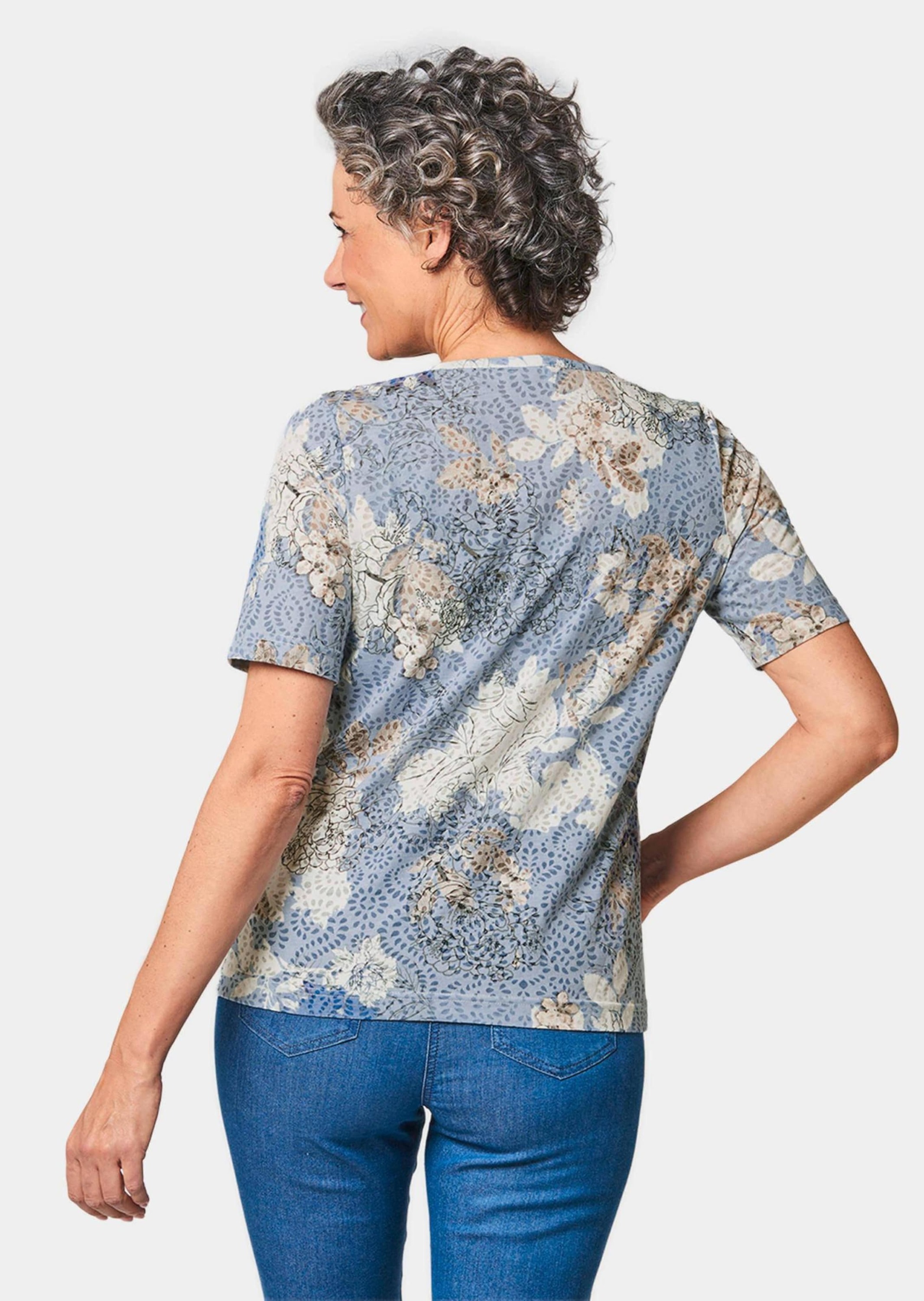 Print-Shirt GOLDNER "Kurzgröße Druckshirt mit Perlen", Damen, Gr. 25, blau (kitt, blau), Obermaterial: 65% Polyester PES. 35% Baumwolle CO., Tubular, Shirts, mit wunderschönen Perlen am Ausschnitt 3