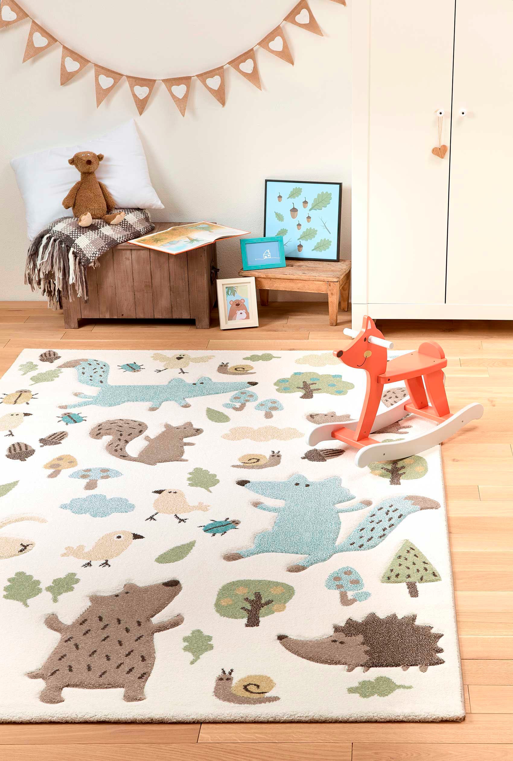 Kinderteppich SIGIKID, B:200cm H:13mm L:290cm, beige, Kunstfaser, Teppiche, "Forest", Wald Tiere Design, Kurzflor