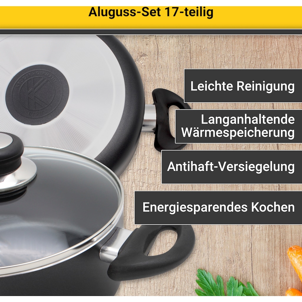 Krüger Topf-Set, Aluminiumguss, (Set, 17 tlg., Fleischtopf 16/18/20/24 cm, Stieltopf 16 cm, Steakpfanne)