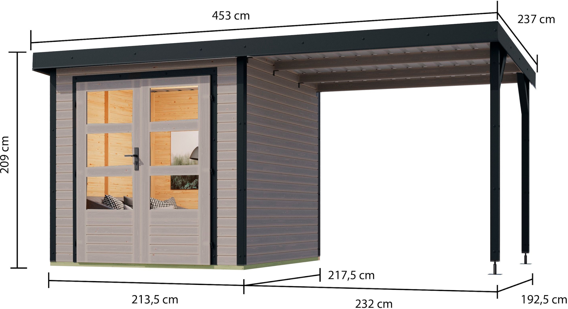 Karibu Gartenhaus »"Jupiter D SET"«, wassergrau/anthrazit, mit Anbaudach