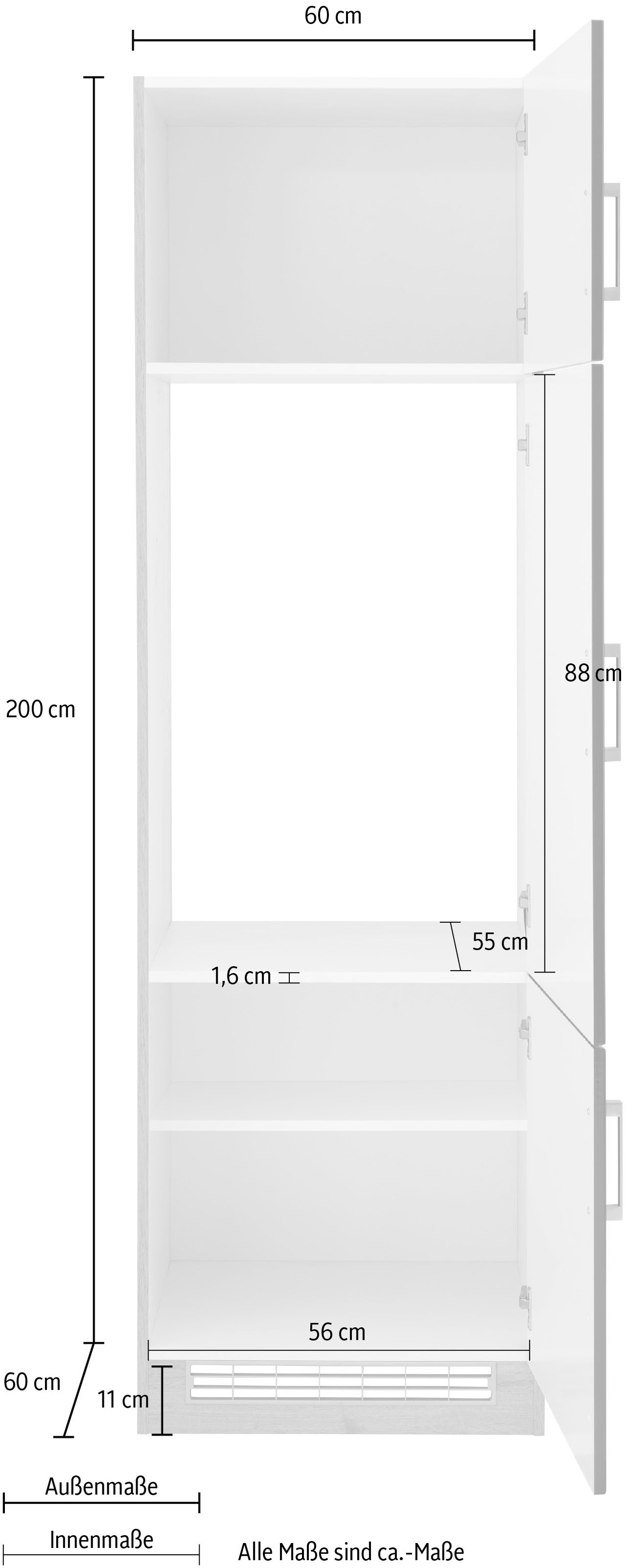 KOCHSTATION Kühlumbauschrank »KS-Tinnum«, 60 cm breit, 200 cm hoch, Metallgriffe, mit Nischenmaß 88 cm