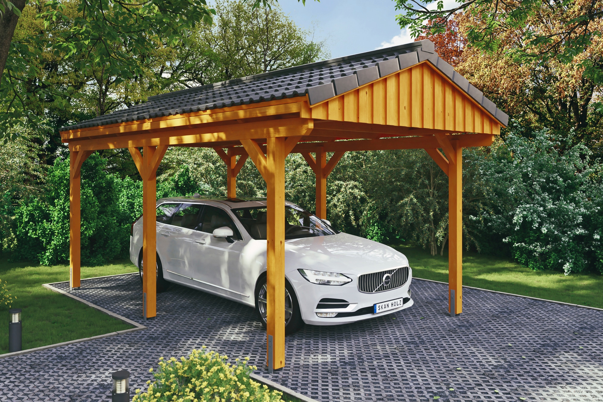 Skanholz Einzelcarport "Fichtelberg" Leimholz hellbraun mit Dachlattung