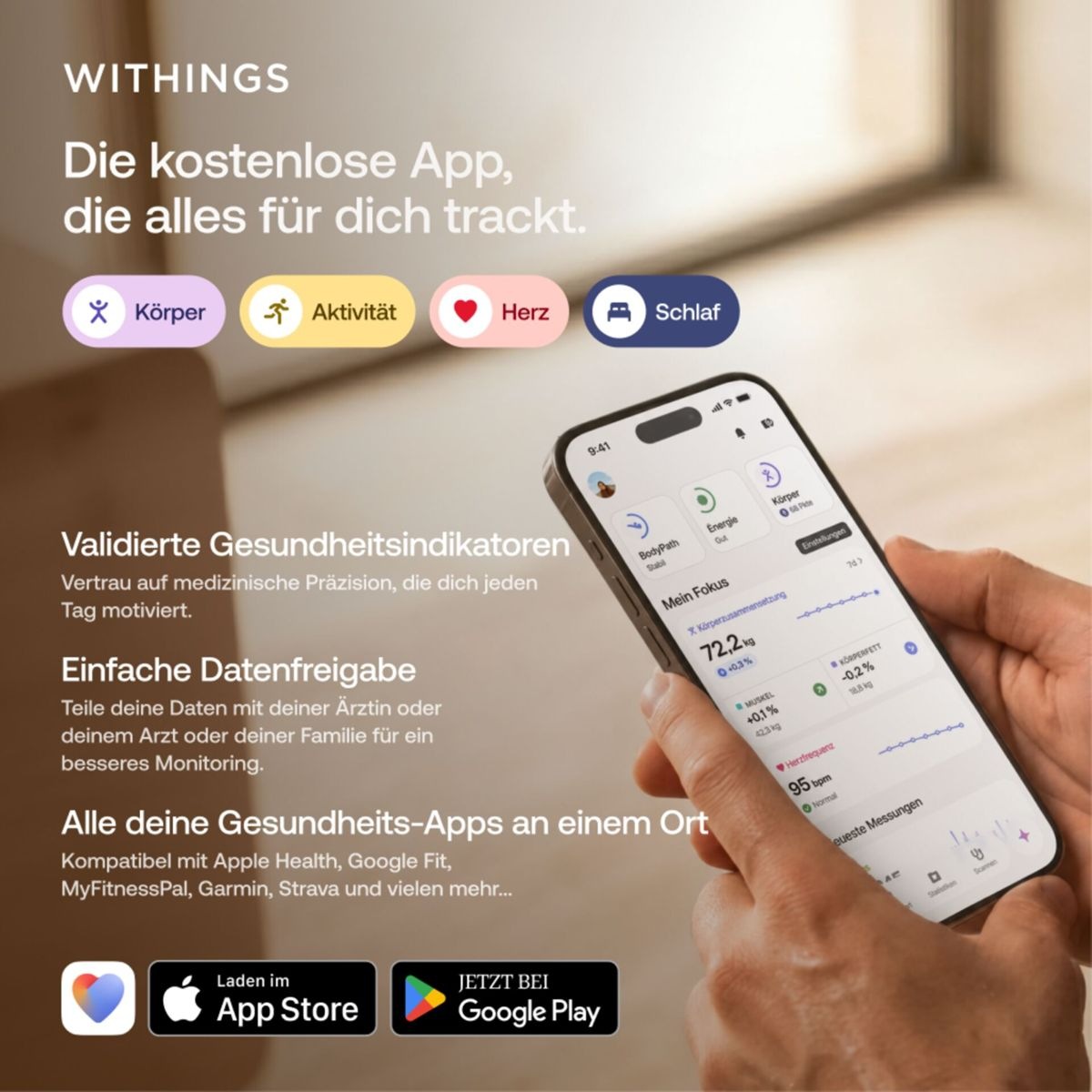 Withings Körper-Analyse-Waage »Withings BodyFit: Smarte Körperwaage mit 40+ Biomarkern« 99 % DEXA-Genauigkeit • Stoffwechselbewertung • Kostenlose App