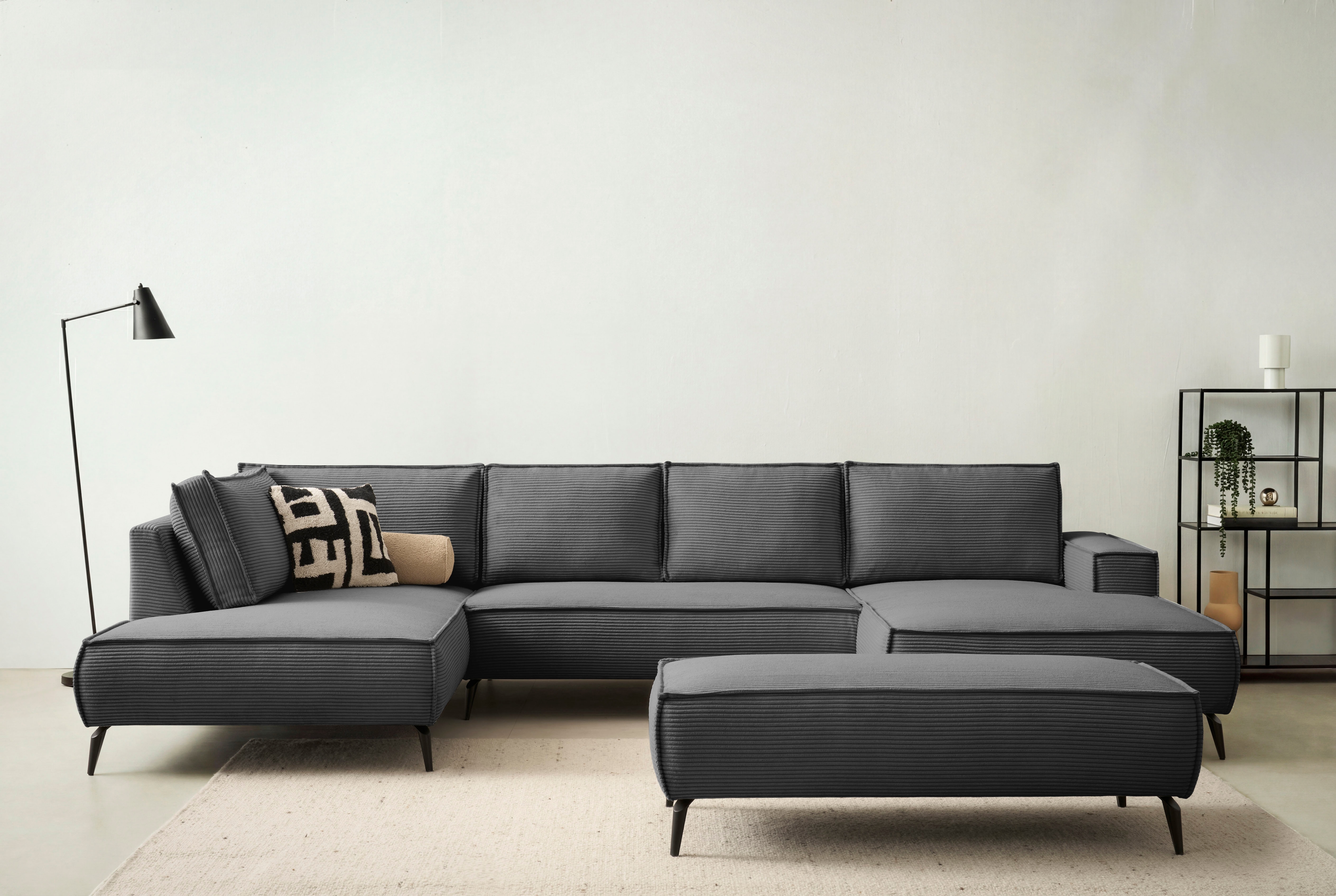 OTTO home Wohnlandschaft "TVINNU Cord, 354 cm, mit Hocker" Recamiere rechts/links, stellbar zum Schlafsofa (Krokodilverbinder)