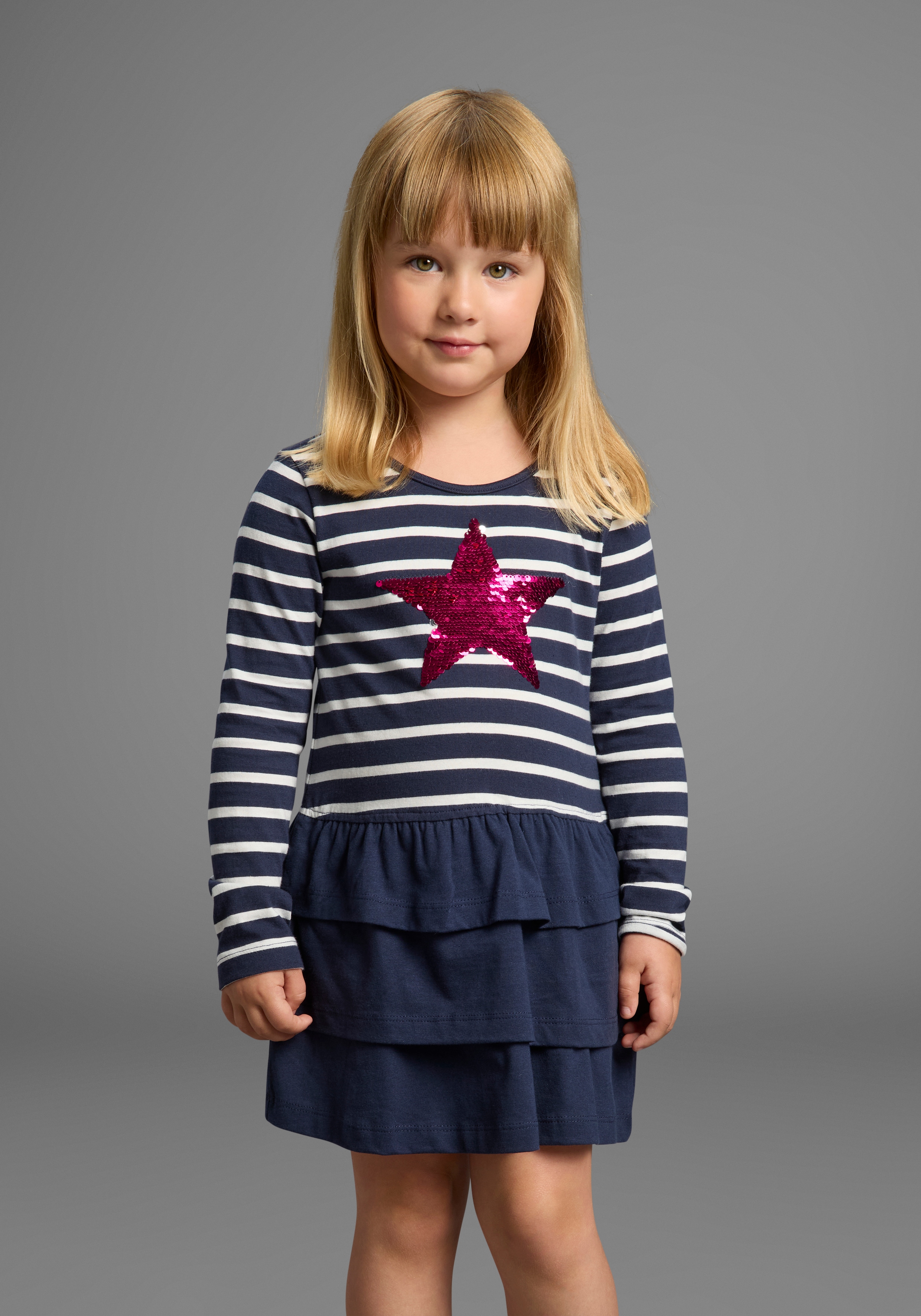 KIDSWORLD Mädchen Jerseykleid "für kleine Mädchen", blau, Gr. 116, geringelt, Single Jersey, Obermaterial: 100% Baumwolle, Kleider, für Partys und