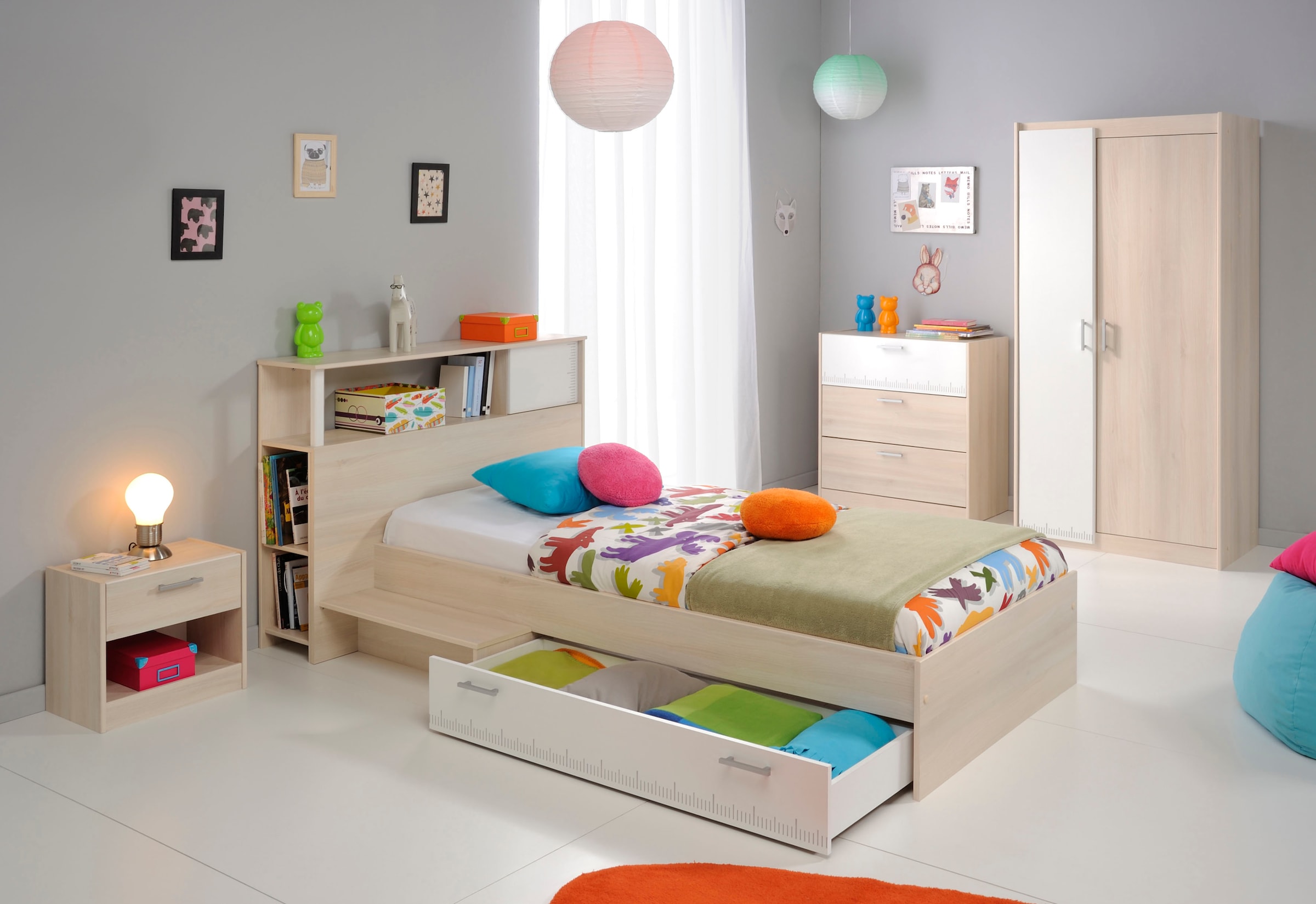 Parisot "Charly 16" Set, mit Anstellregal, Nachttisch, Kleiderschrank und Schubkastenkommode, 5 Stk. tlg. mit einem Kleiderschrank