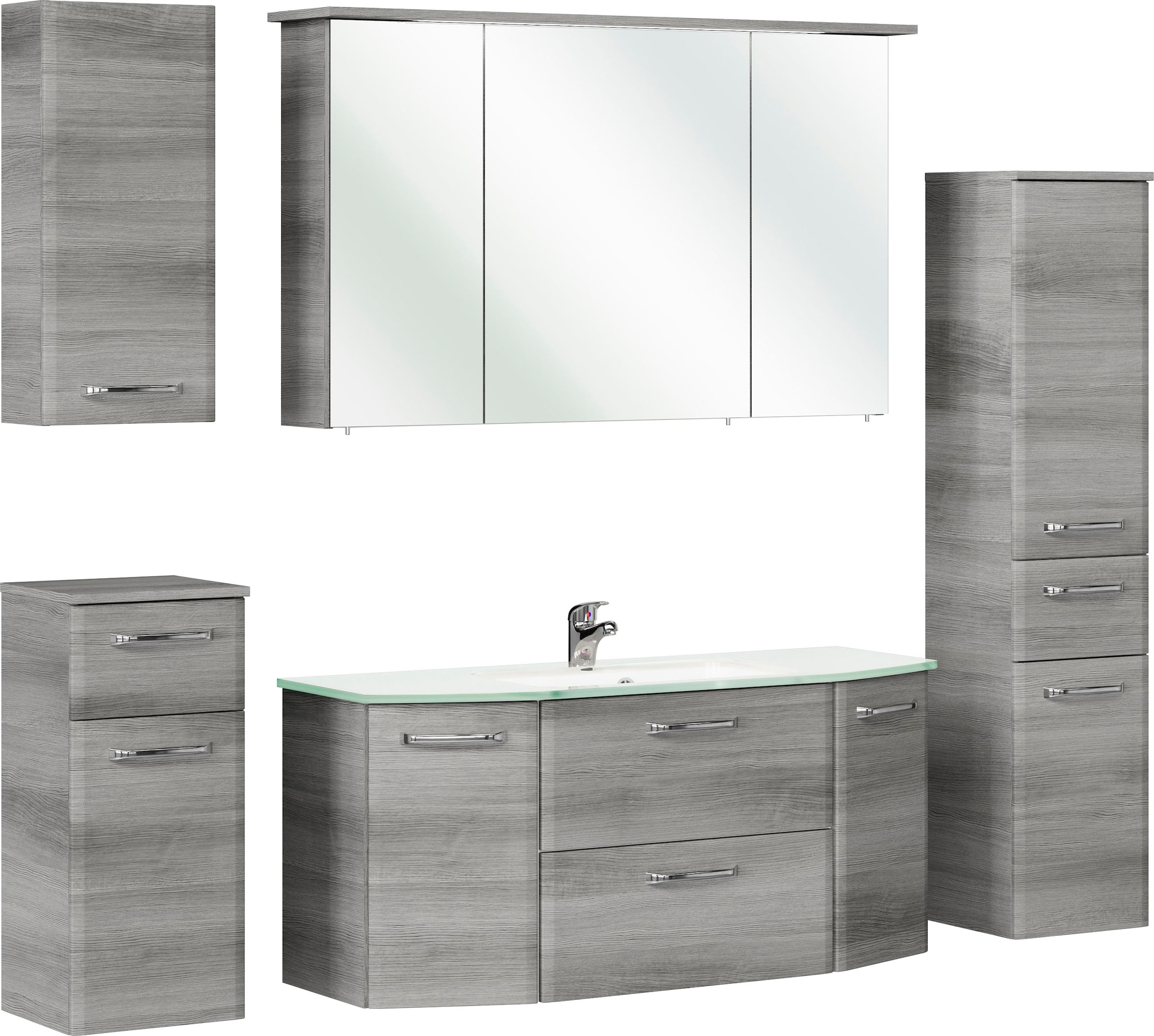 Saphir Badmöbel-Set »Quickset 5-teilig Glas-Waschtisch mit LED-Spiegelschrank, Bad-Set«, (6 St.), Midischrank, Unterschrank, Hängeschrank, inkl. Türdämpfer, 9 Türen