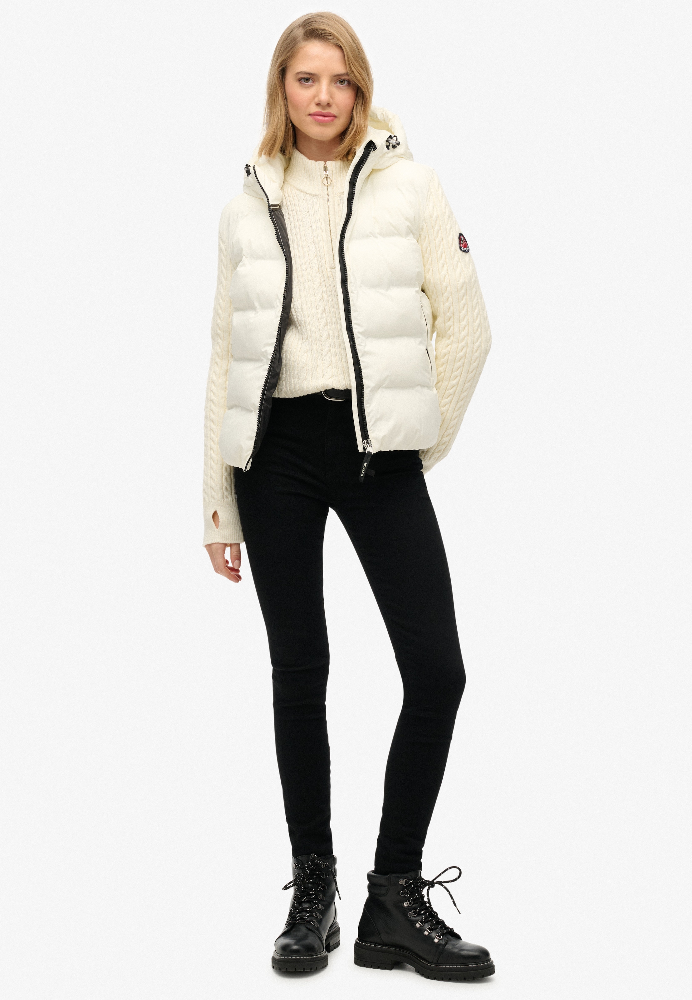 Superdry Steppjacke »CABLE KNIT SLEEVE HYBRID« Kunstfaser, Strickärmel, slim fit