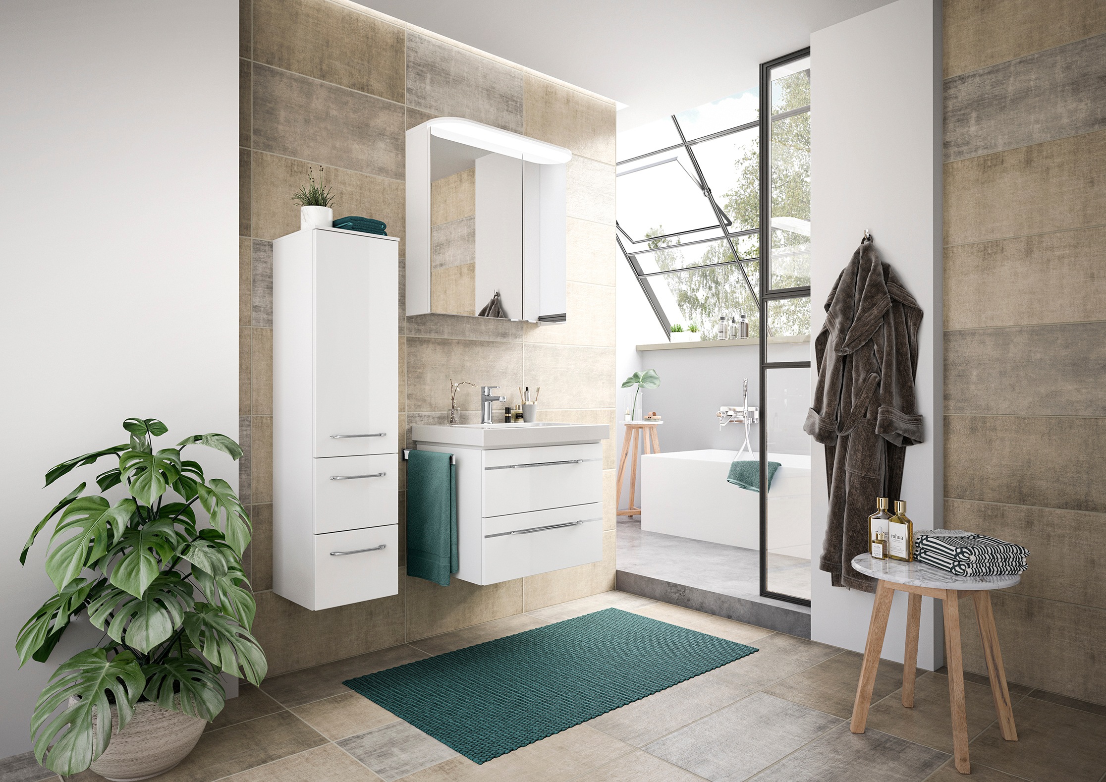 Saphir Badmöbel-Set »Balto Sprint 3-teilig, Mineralmarmor-Waschtisch mit LED-Spiegelschrank«, (4 St.), inkl. Türdämpfer, 100 cm breit, mit Midischrank, 3 Türen, 4 Schubladen