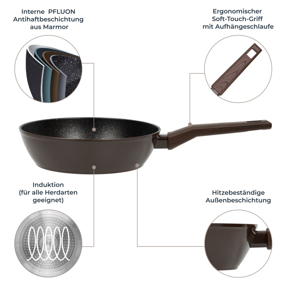 RESTO Kitchenware Bratpfanne »Carina, tiefe Schmorpfanne mit holzähnlichem Soft-Touch-Griff«, Aluminium, (1 tlg.), mit Marmor-Antihaftbeschichtung, 4-lagig, für alle Herdarten geeignet