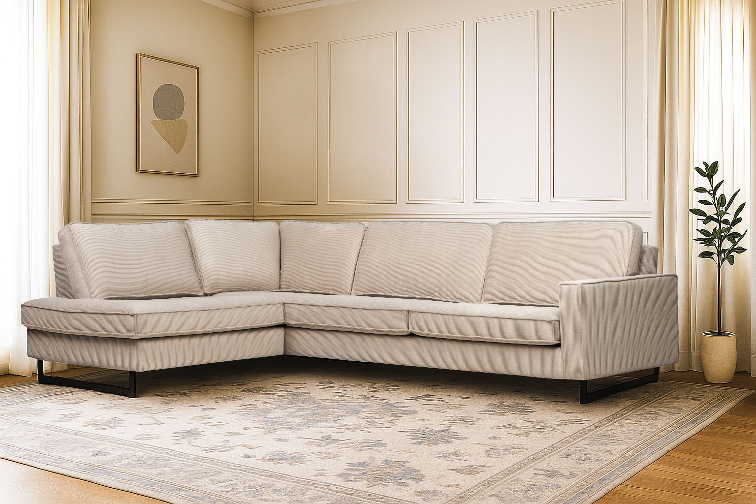 OTTO home Ecksofa "Pinto, 290 cm, Cord, Chenille, Lederoptik, Ottomane links / rechts" mit Keder, schwarze Metallfüße, Wellenunterfederung
