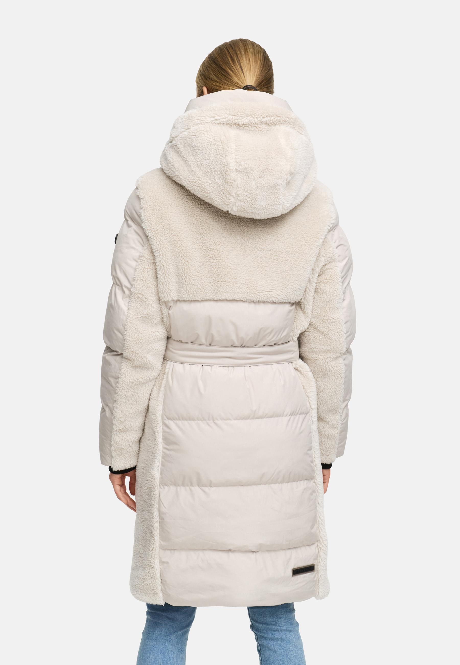 Navahoo Wintermantel »Funkelteddy 14«, warmer Mantel mit Teddyplüsch-Akzenten und Taillengürtel
