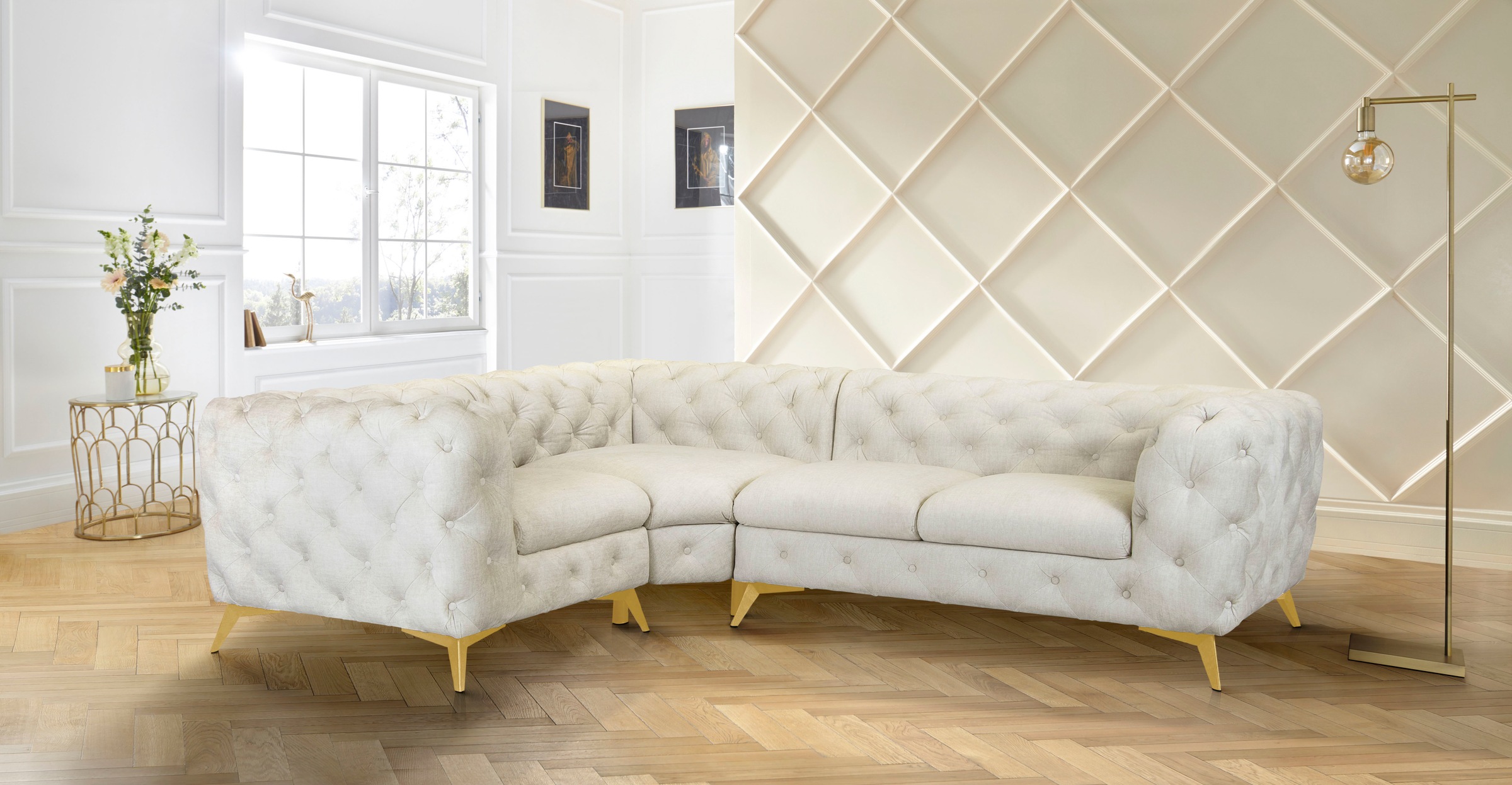 Leonique Chesterfield-Sofa »Ecksofa GLYNIS L-Form mit Wellenunterfederung, Maße B/T/H 264/204/75cm«, aufwändige Knopfheftung, moderne Chesterfield Optik, Fußfarbe wählbar