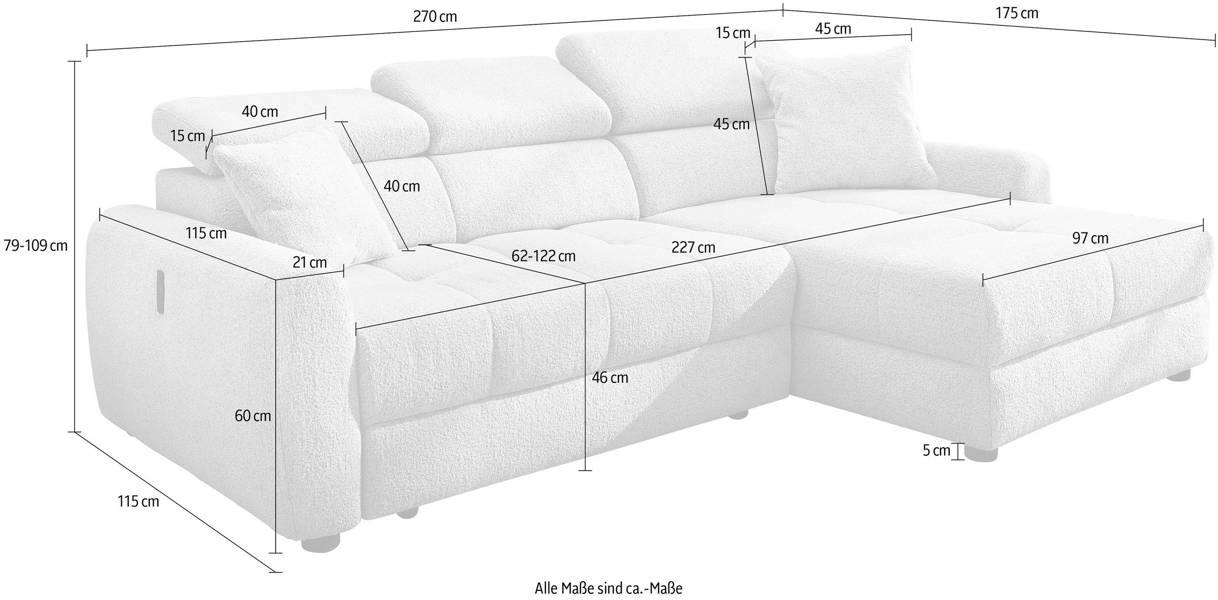 Jockenhöfer Gruppe Ecksofa »Move, L-Form, B: 270cm, mit 60 cm elektr. Sitztiefenverstellung« 140kg Belastbarkeit je Sitz, verstellbaren Kopfstützen & Zierkissen