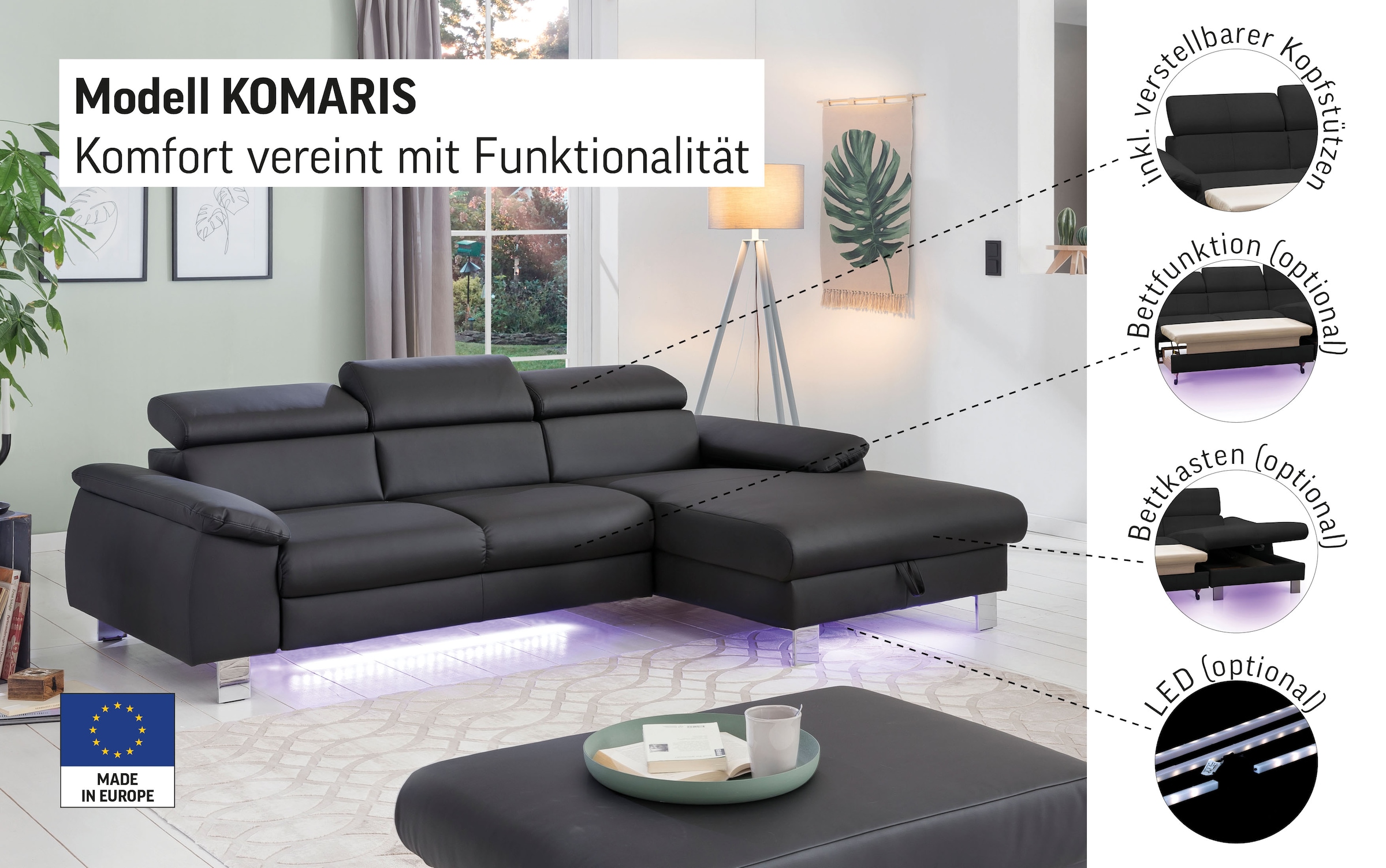 COTTA Ecksofa »Komaris L-Form, B: 244 cm« mit Kopfteilverstellung, optional Bettfunktion, Bettkasten & Licht