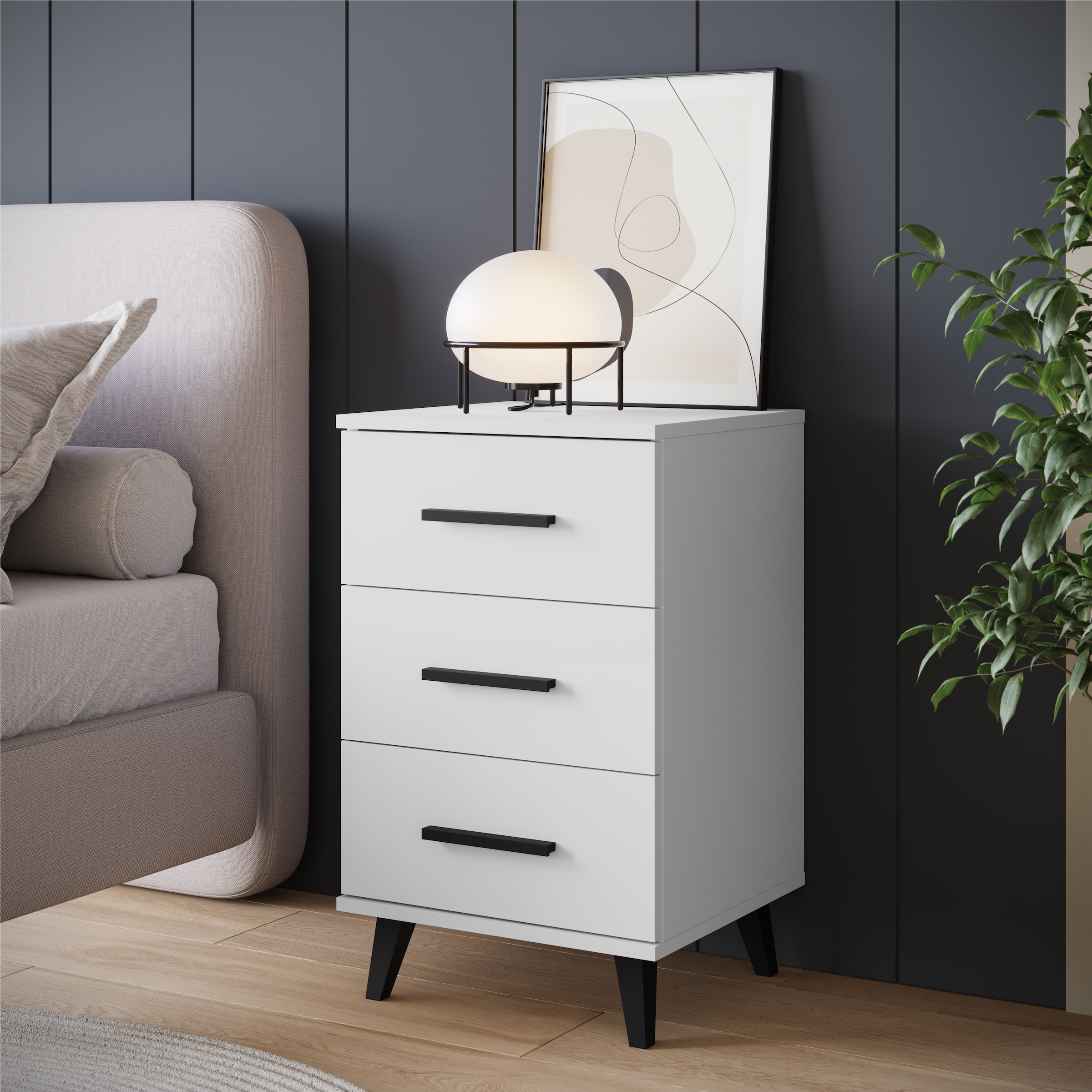 INOSIGN Nachtkommode »Lagos, 2 Nachtschränke, 3 Schubladen, schwarze Griffe & Füße«, (Set, 2 St.), modernes Design, B/T/H je 40/35/65 cm, pflegeleichte Oberfläche
