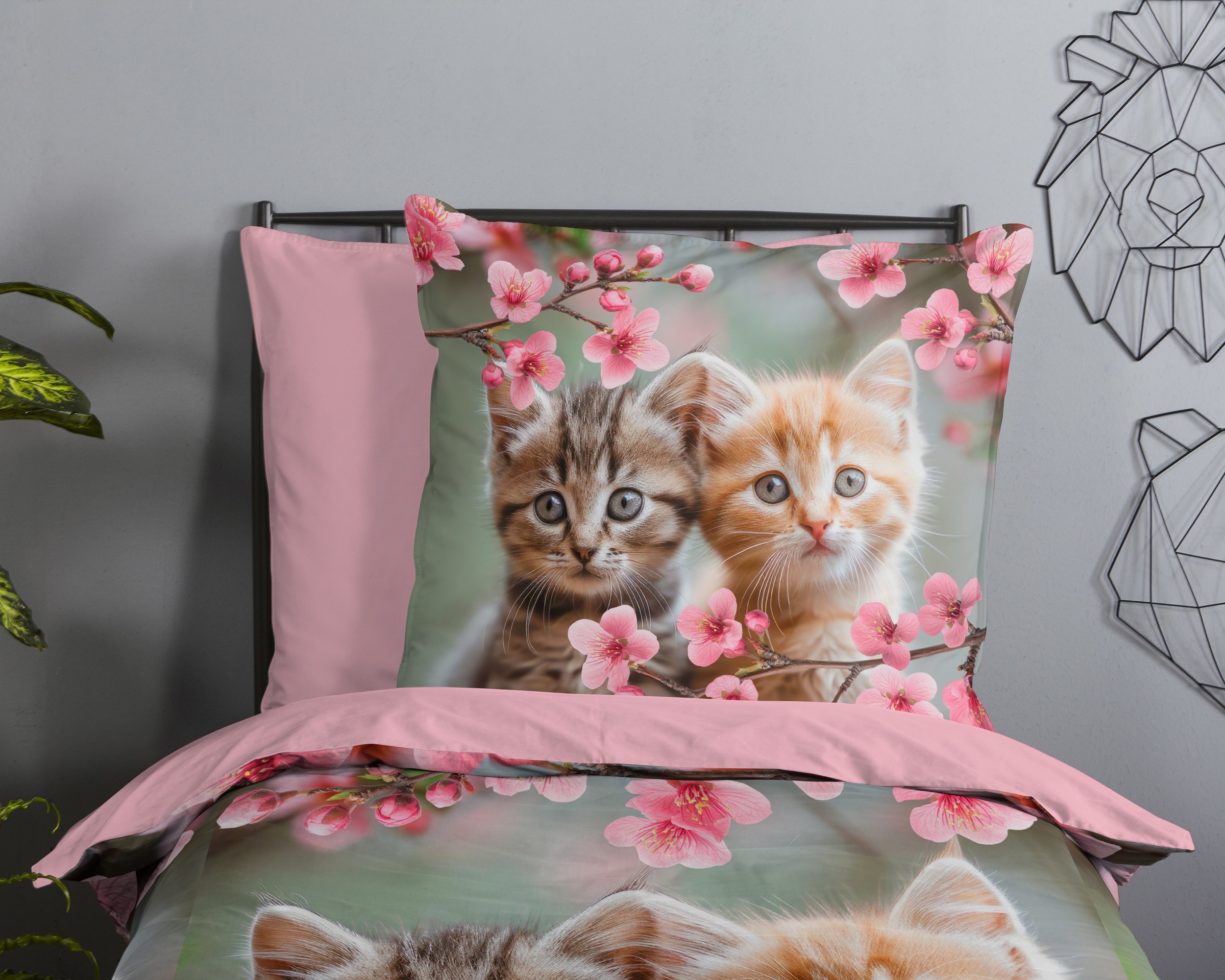 good morning Kinderbettwäsche »Mischa« 2 Baumwolle, Renforcé, Wendeoptik, Kind, Mädchen, Katze, Blume