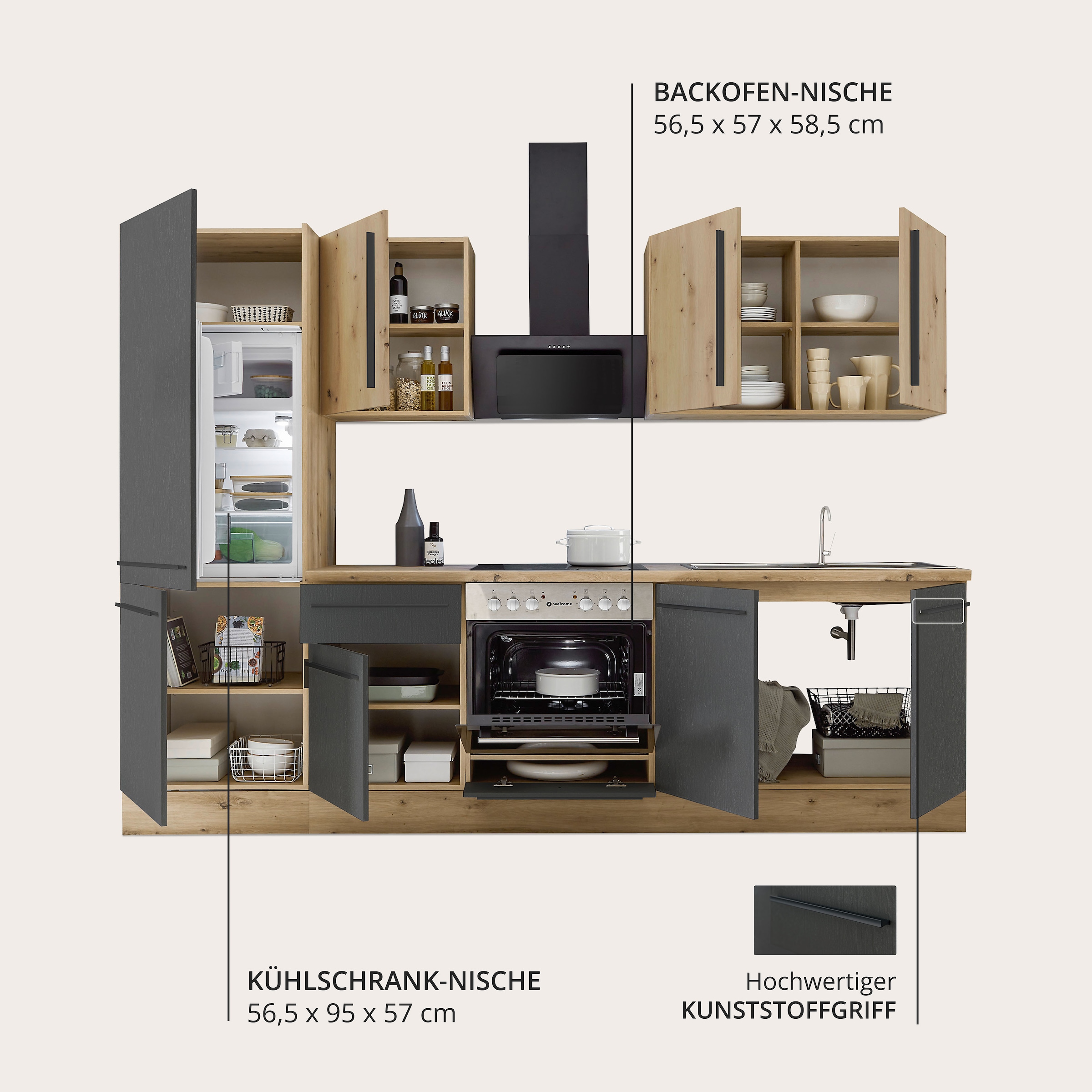 KOCHSTATION Küchenzeile »KS-Florida mit 38mm starker Arbeitsplatte« Breite 270 cm, wahlweise mit E-Geräten, Soft-Close-Funktion