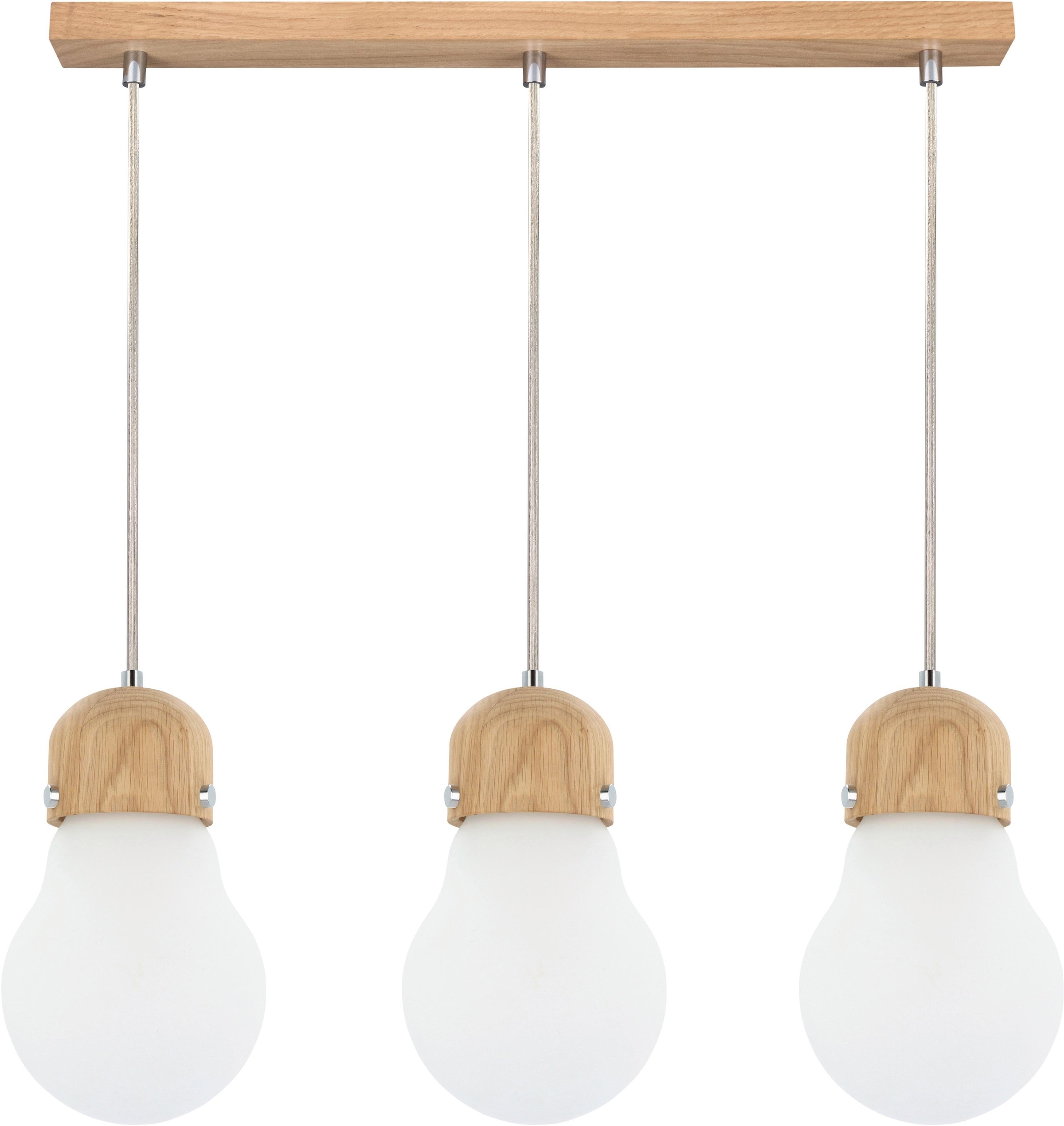 BRITOP LIGHTING Pendelleuchte »BULB WOOD«, 3 flammig-flammig, Hängeleuchte, Naturprodukt aus Eichenholz, Schirme aus Glas, kürzbar