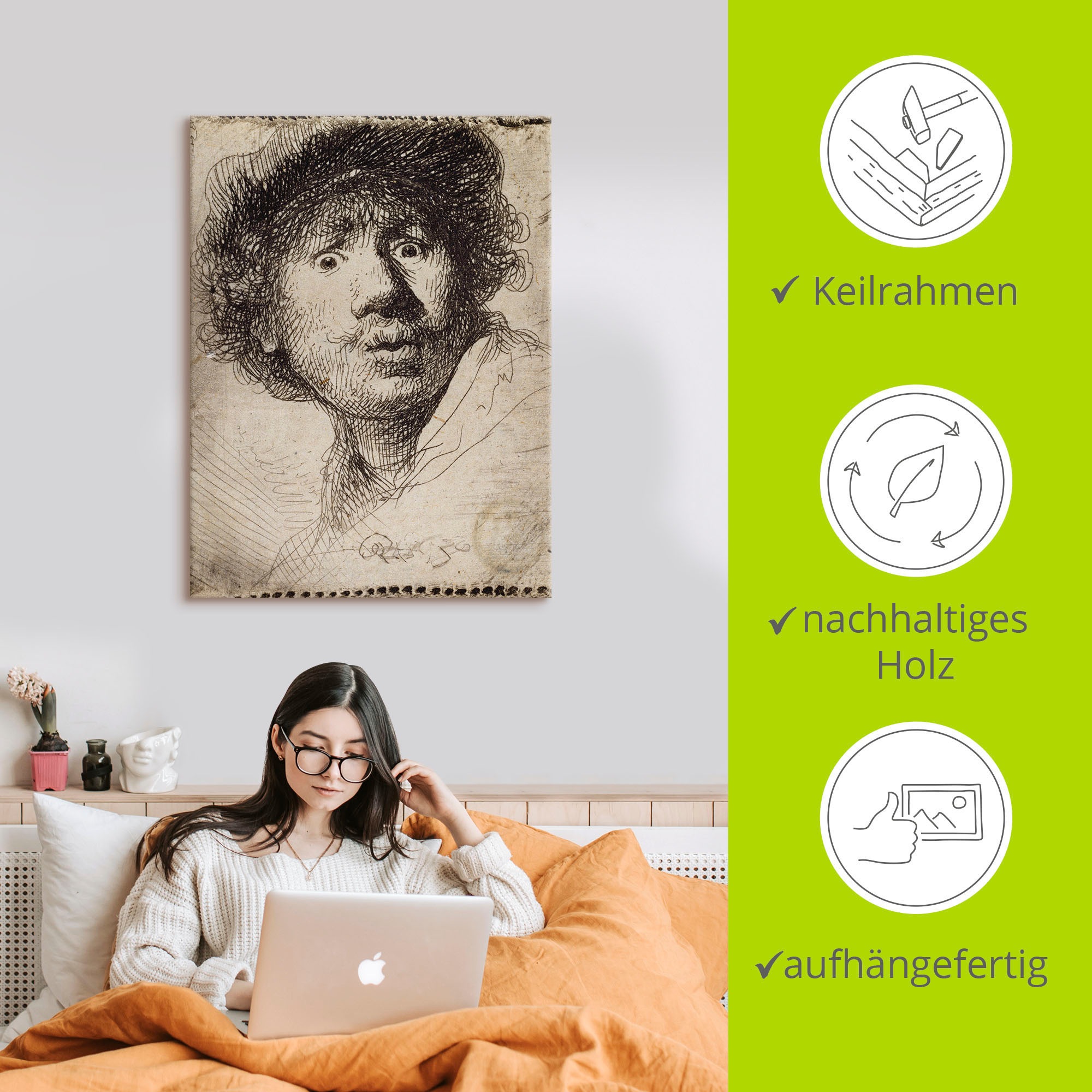 Artland Leinwandbild »Selbstbildnis mit aufgerissenen Augen«, Porträts, (1 St.), auf Keilrahmen gespannt