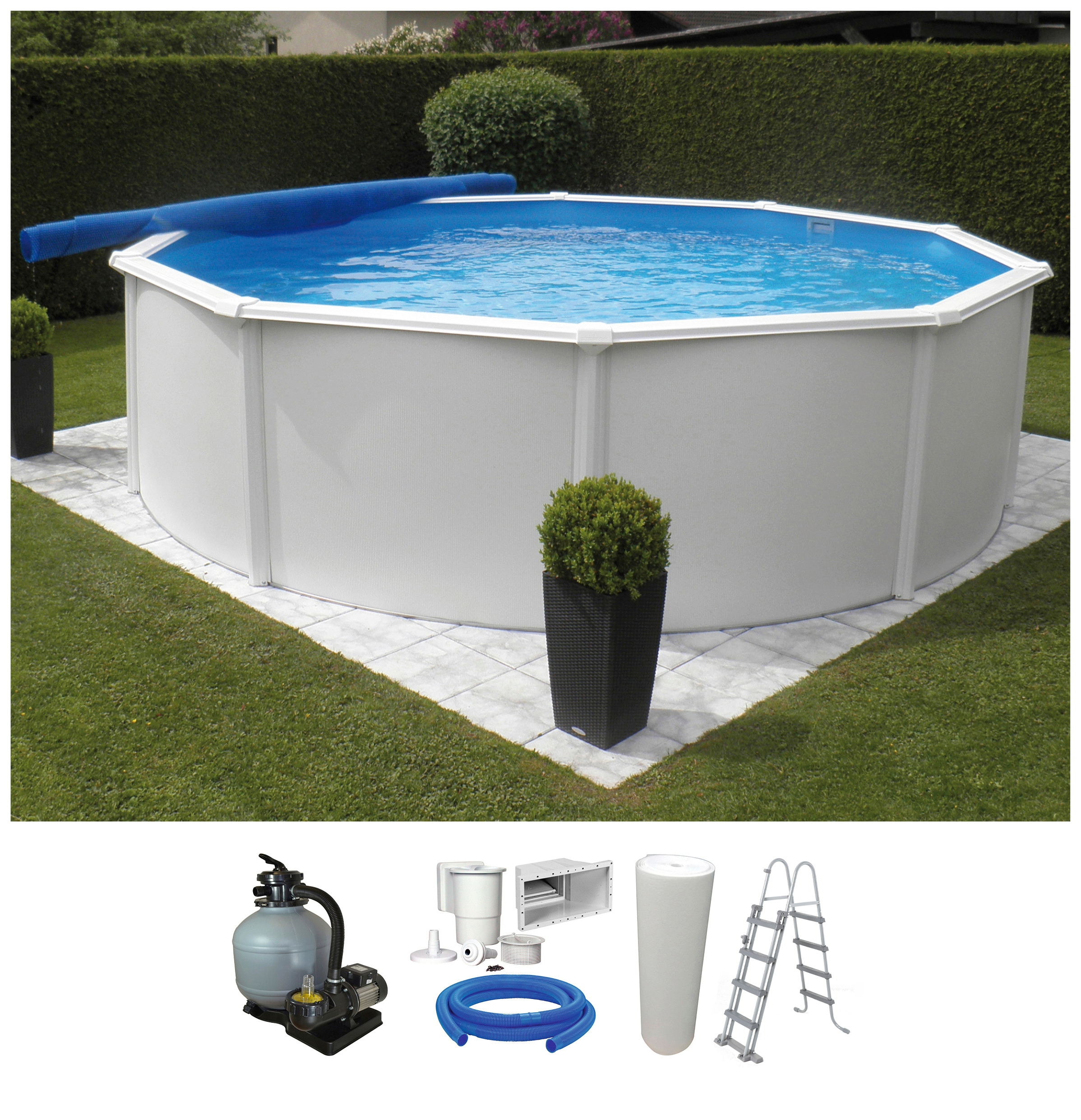 KWAD Rundpool "Supreme weiß inkl. Sicherheitsleiter und Zubehör" 5-tlg., Höhe: 132 cm, blaue Innenfolie
