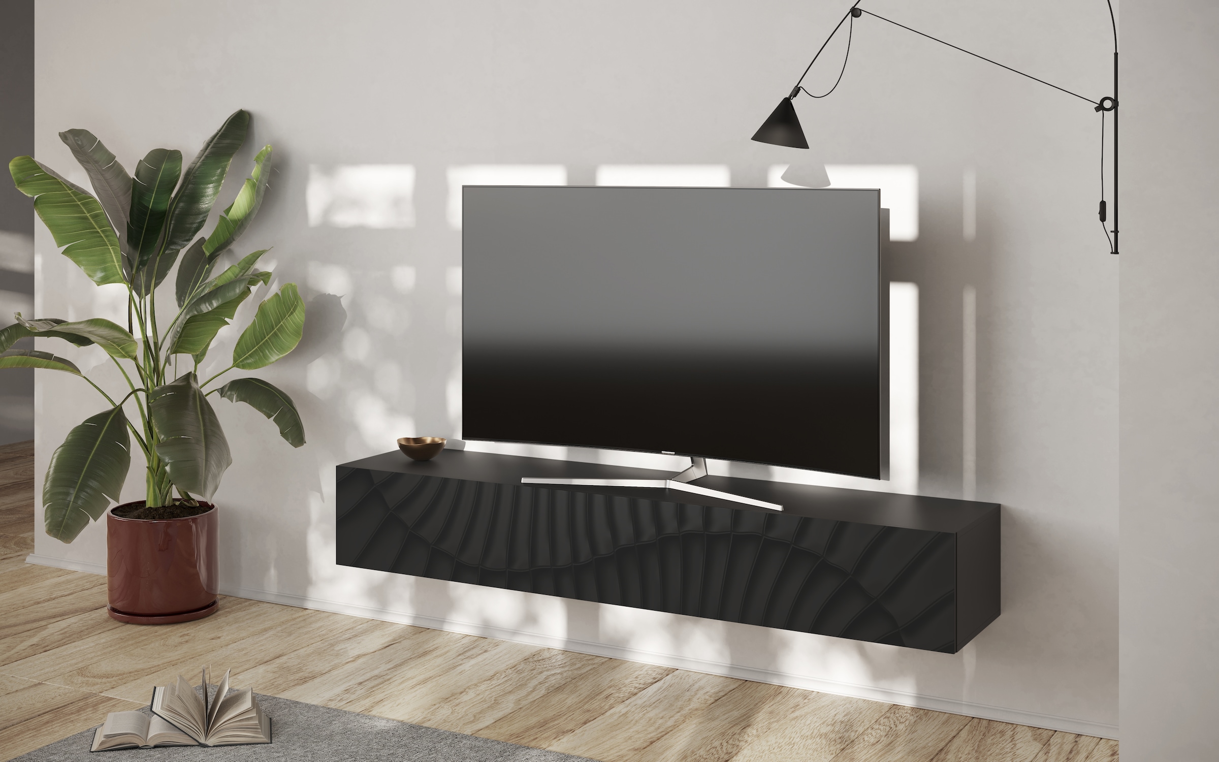 INOSIGN Lowboard "Snake Breite 180 cm, modernes TV-Board hängend mit 1 Klappe,", TV-Möbel, TV-Schrank, Front mit Siebdru