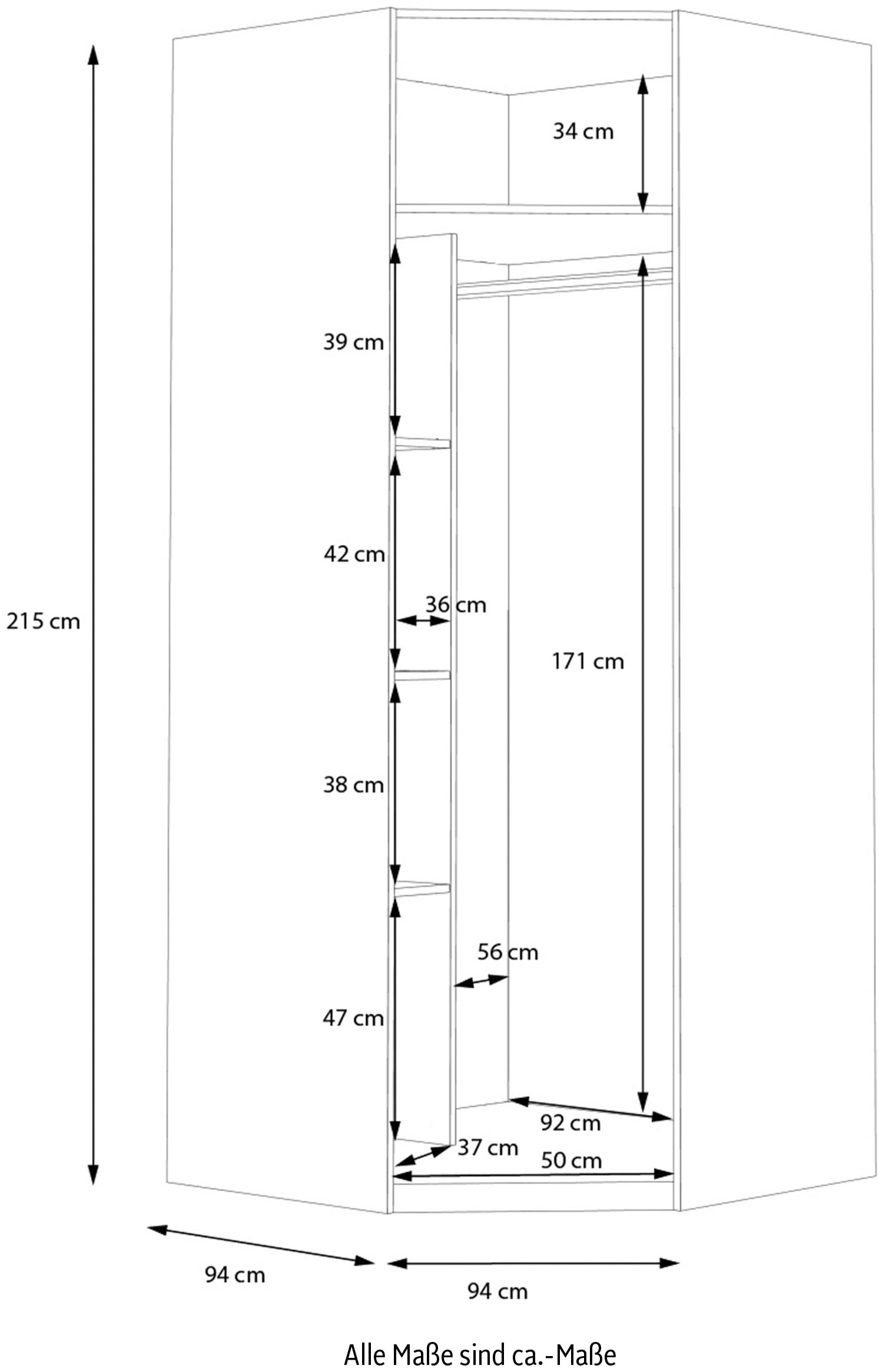 FORTE Eckschrank »TOPSELLER! Kleiderschrank, 4 Einlegeböden, Kleiderstange aus Metall«, (Maße: B/H/T ca. 128/215/103cm), Türanschlag rechts/ links wechselbar, Stauraumwunder