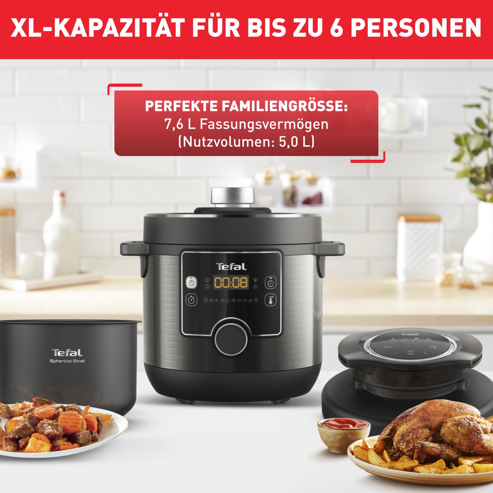 Tefal Multikocher »Turbo Cuisine & Fry inkl. Extra-Crisp-Deckel, 1-Knopf-Bedienung«, Schnellkochtopf/ Heißluftfritteuse, 15 automatische Programme, CY7788
