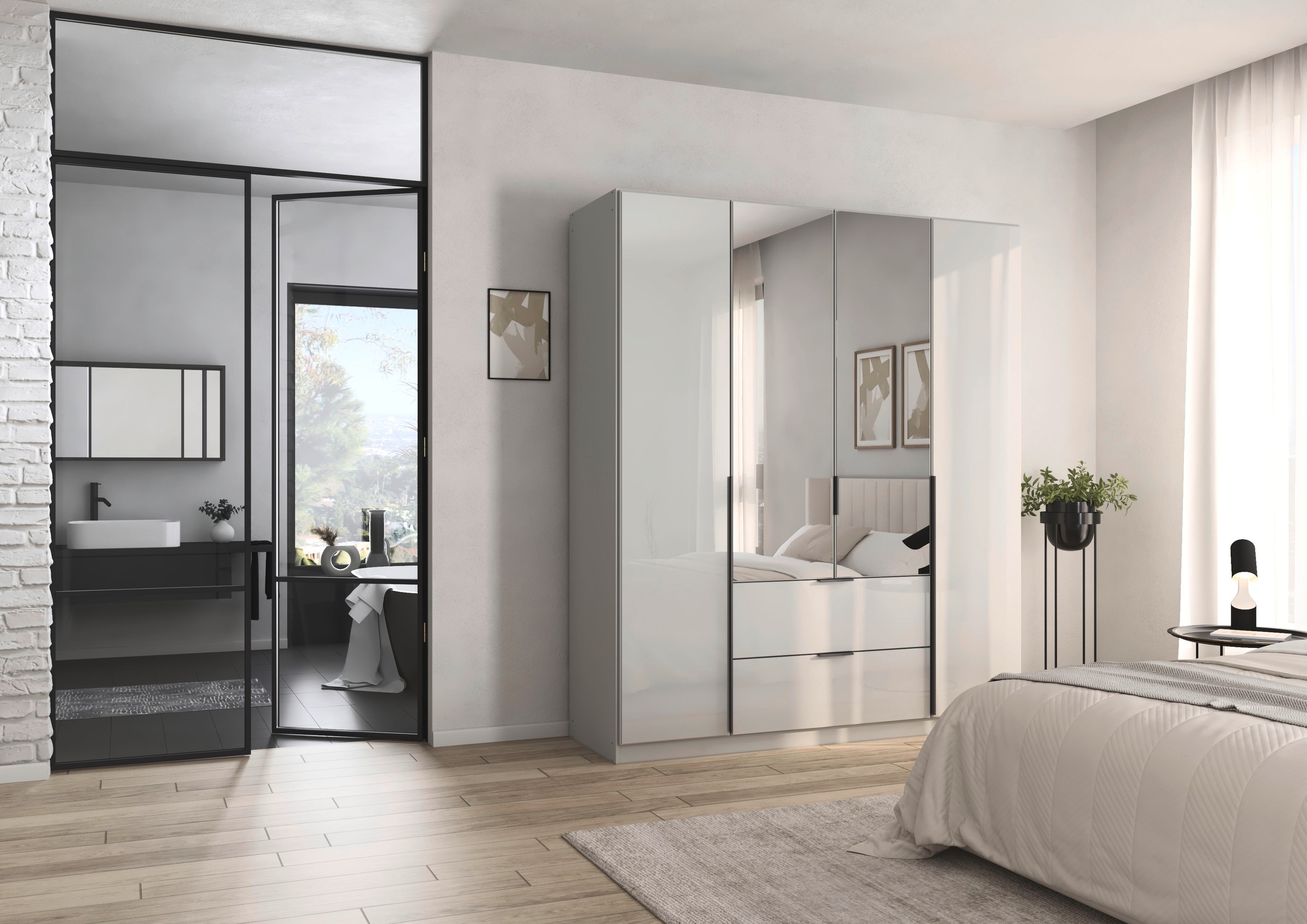 rauch Drehtürenschrank »Kleiderschrank Kleiderschränke Schrank Garderobe AGORDO mit Glasfront«, (in zwei Griff-Farben mit Glasfront), mit Außenschubkästen, in 6 Breiten und 2 Höhen MADE IN GERMANY